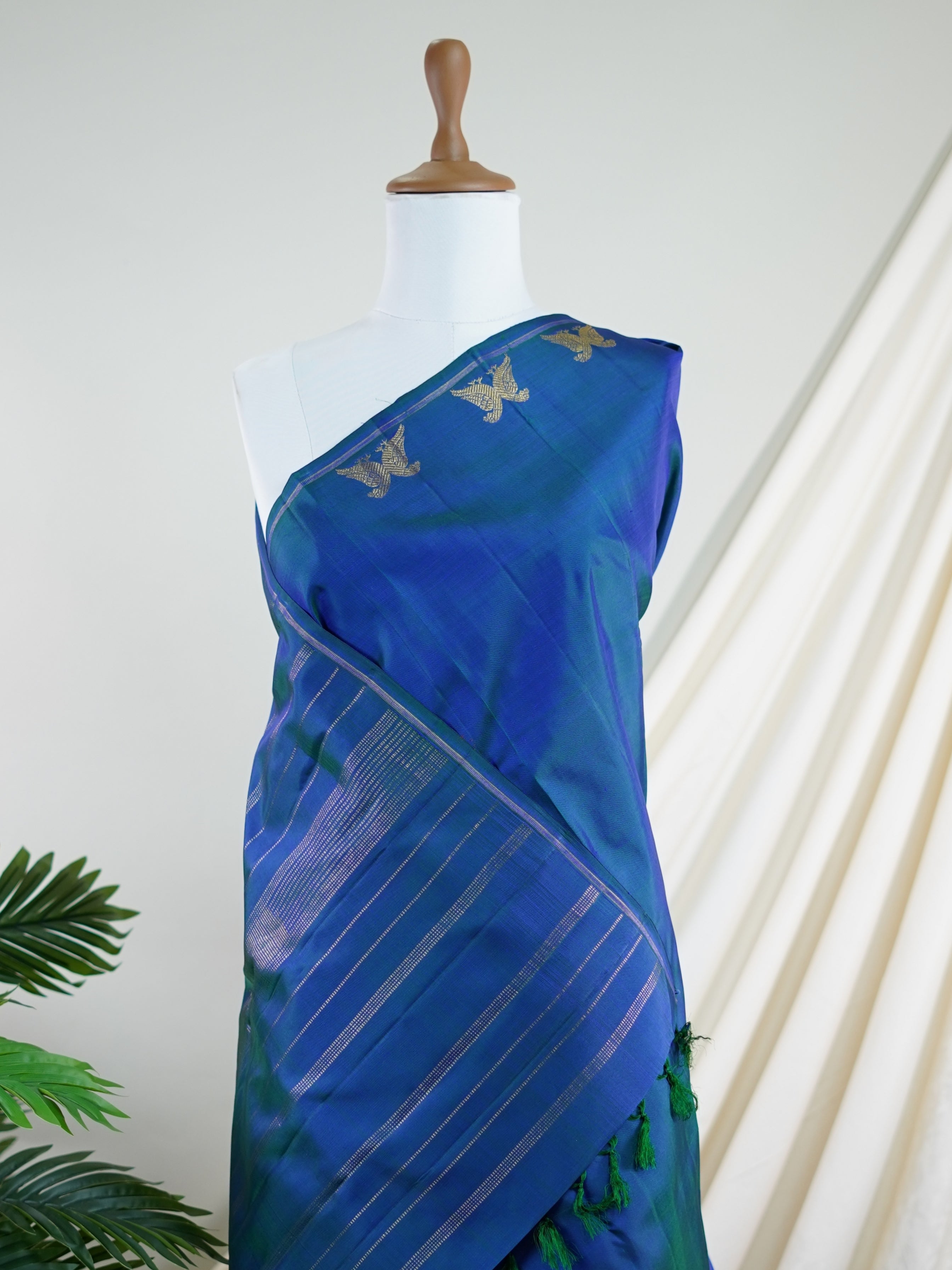 Kanchipuram Silk Peacock Blue 100% Pure Silk  - Manoranjitham Weaves - Handloom Store