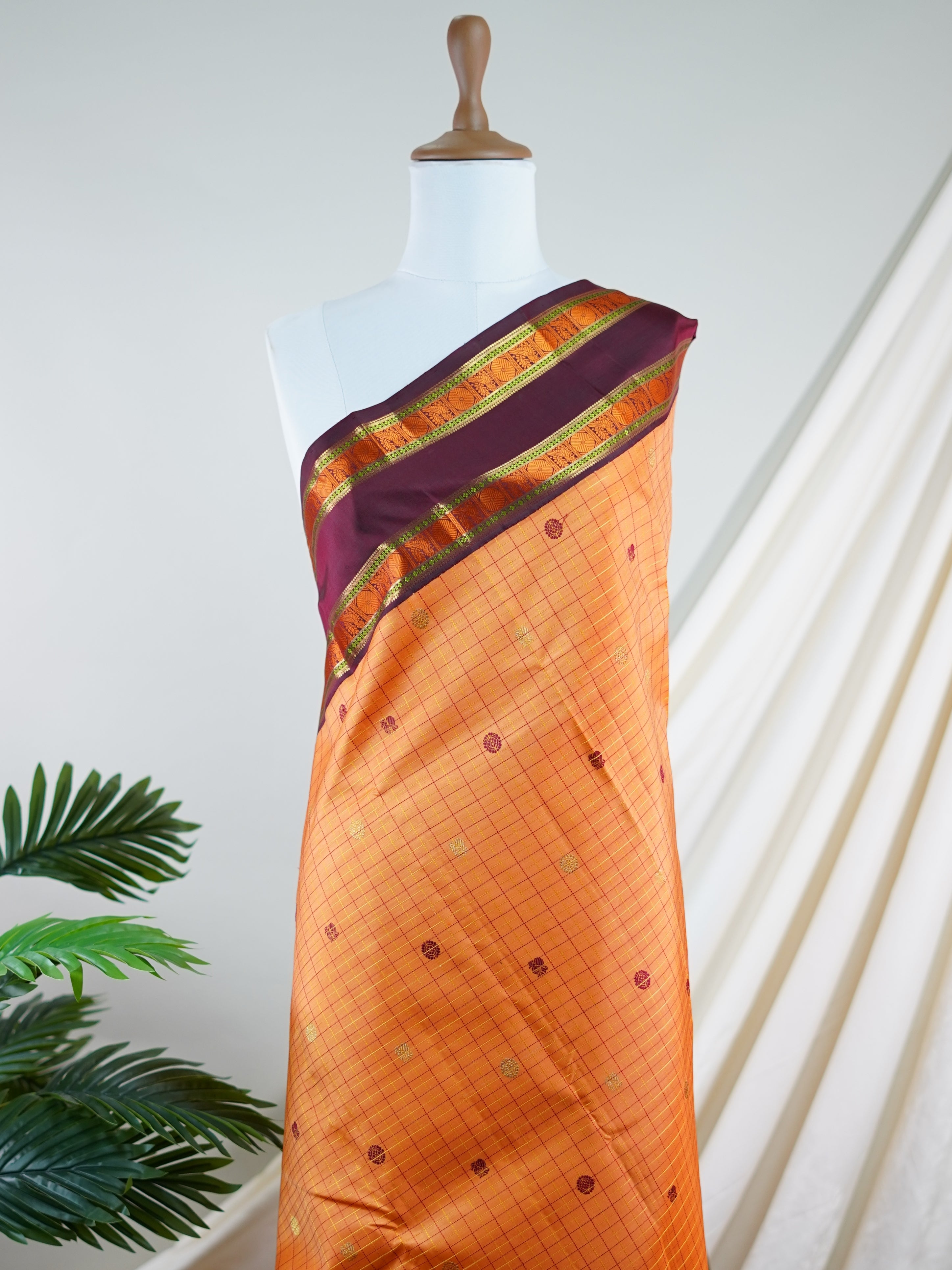 Kanchipuram Silk Orange 100% Pure Silk  - Manoranjitham Weaves - Handloom Store