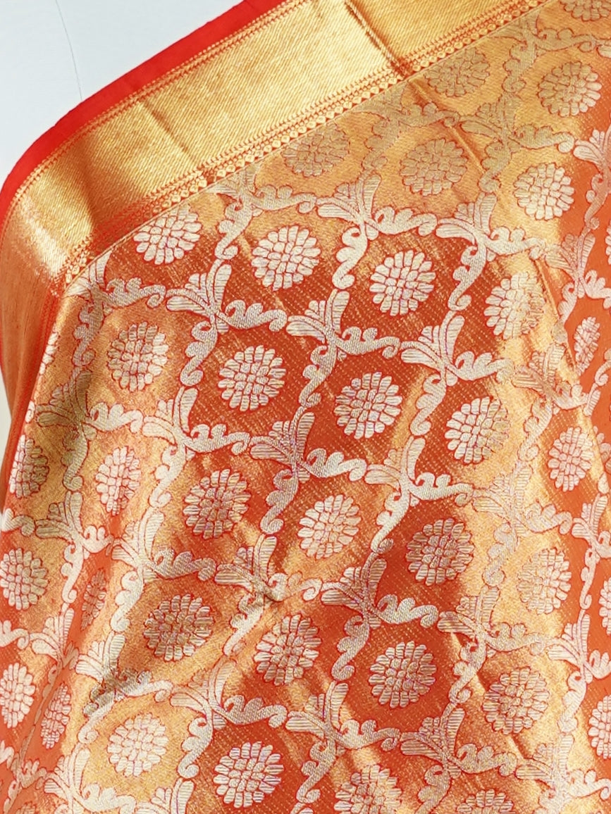 Kanchipuram Silk Peach Red 100% Pure Silk  - Manoranjitham Weaves - Handloom Store