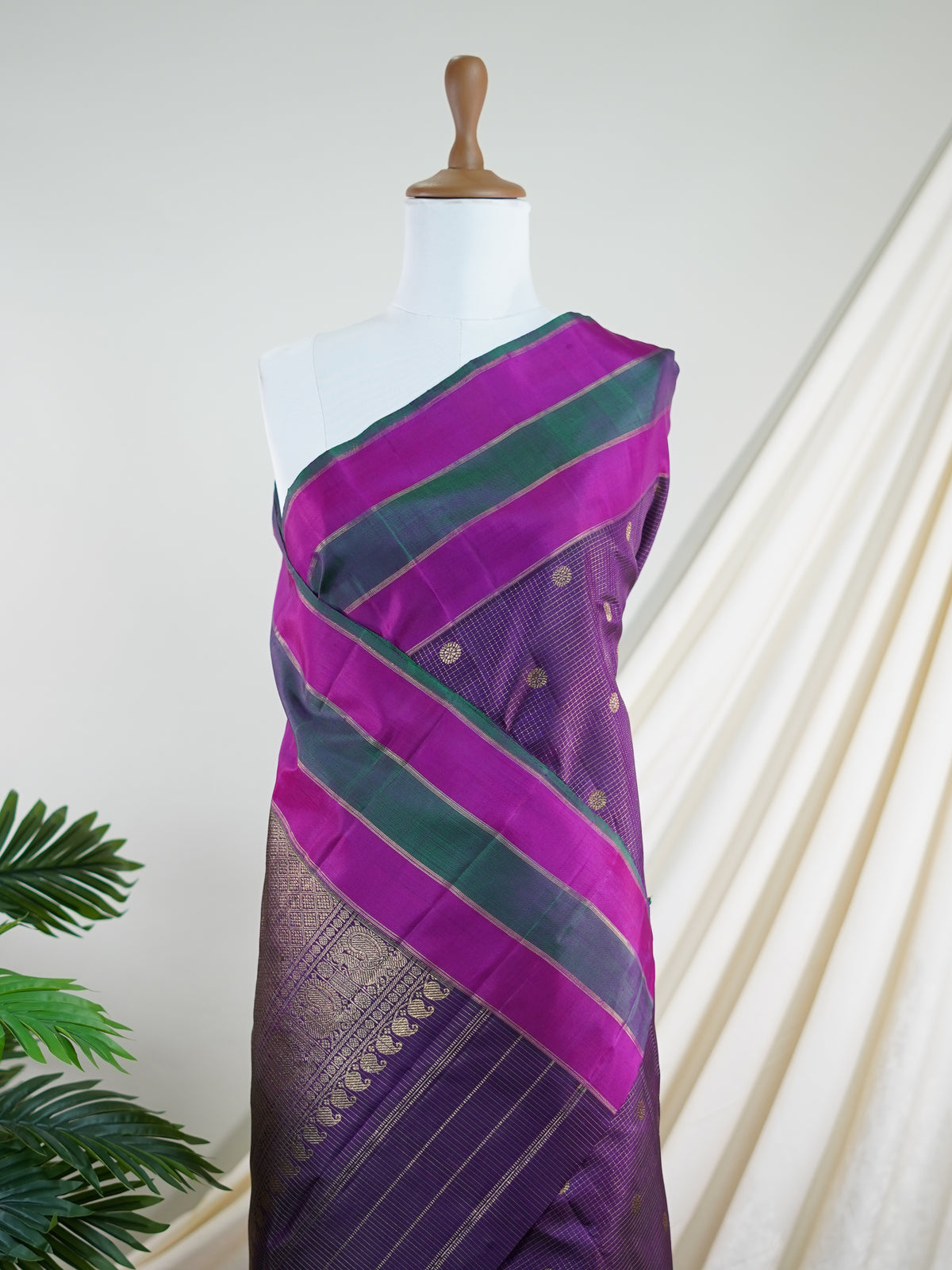Kanchipuram Silk Brinjal 100% Pure Silk  - Manoranjitham Weaves - Handloom Store