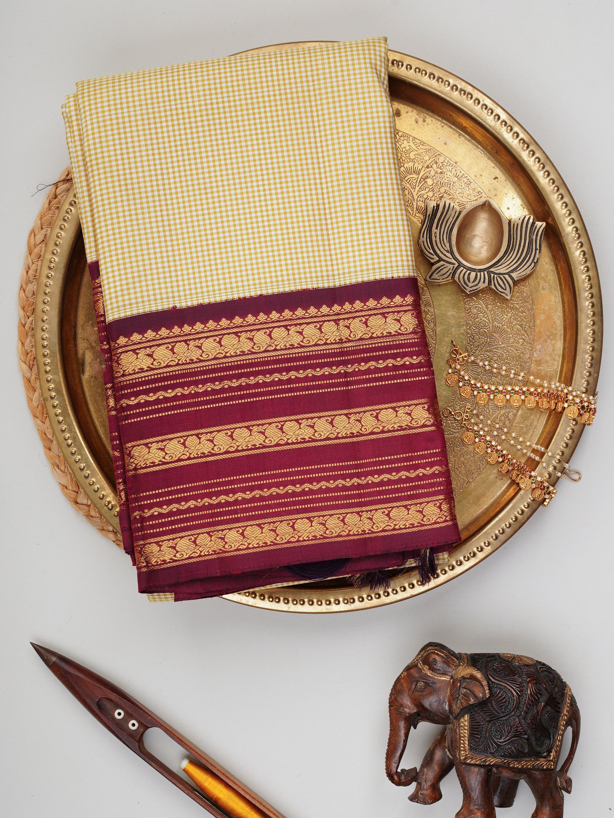 Kanchipuram Silk Cream 100% Pure Silk  Manoranjitham Weaves - Handloom Store