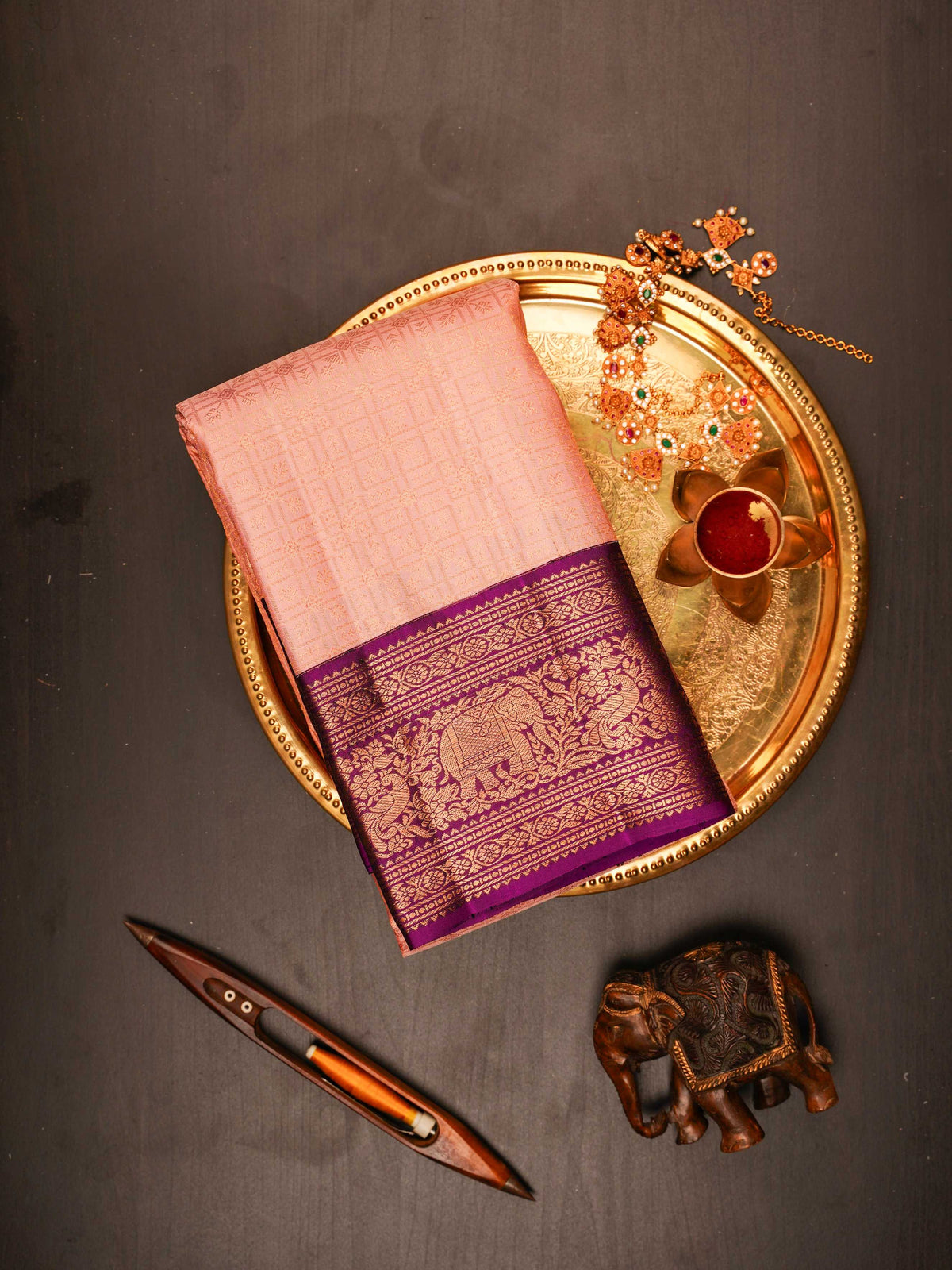 Kanchipuram Silk Peach 100% Pure Silk  Manoranjitham Weaves - Handloom Store