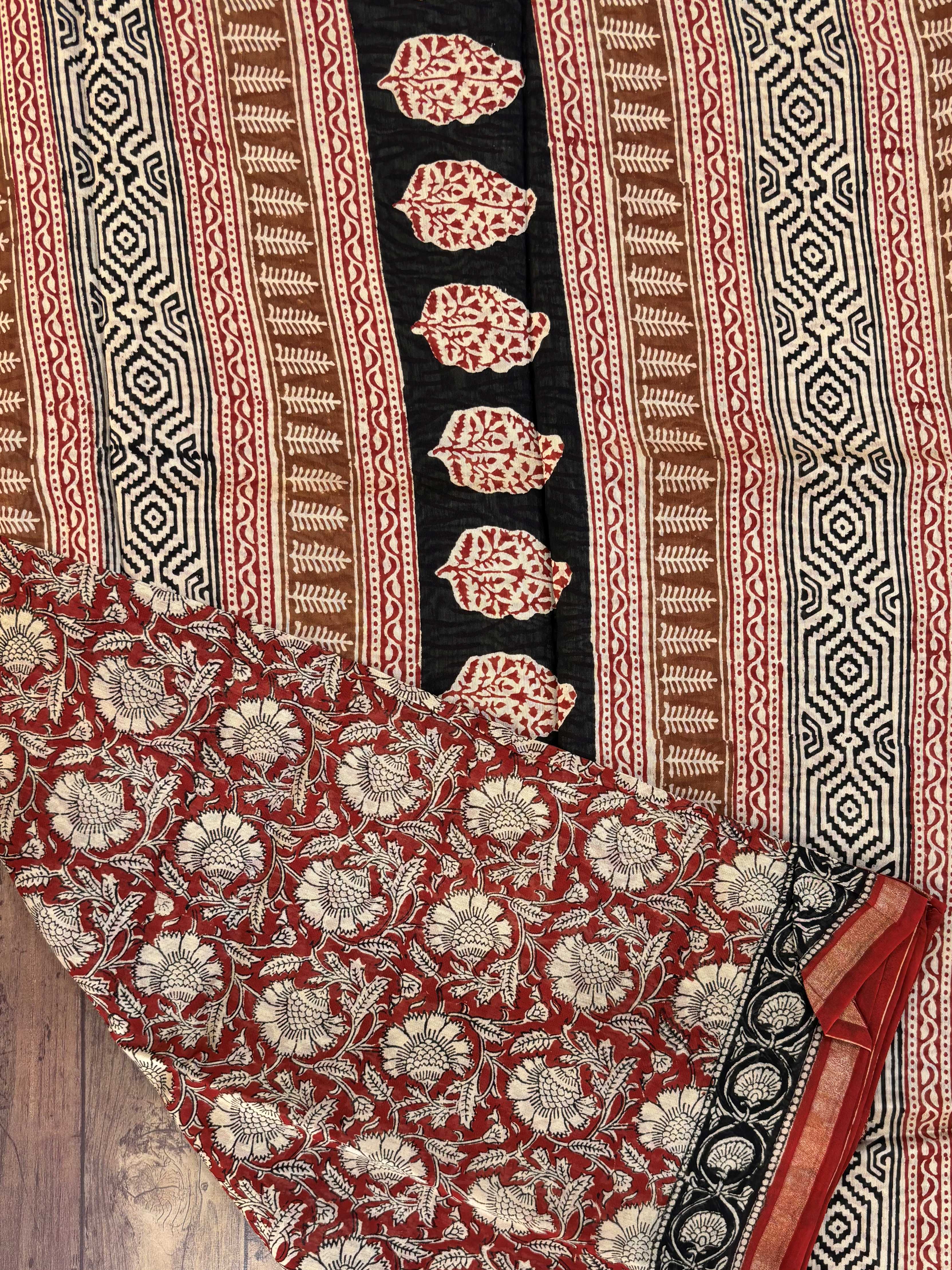 Maroon Chanderi Silk Cotton with Bagru Block Print