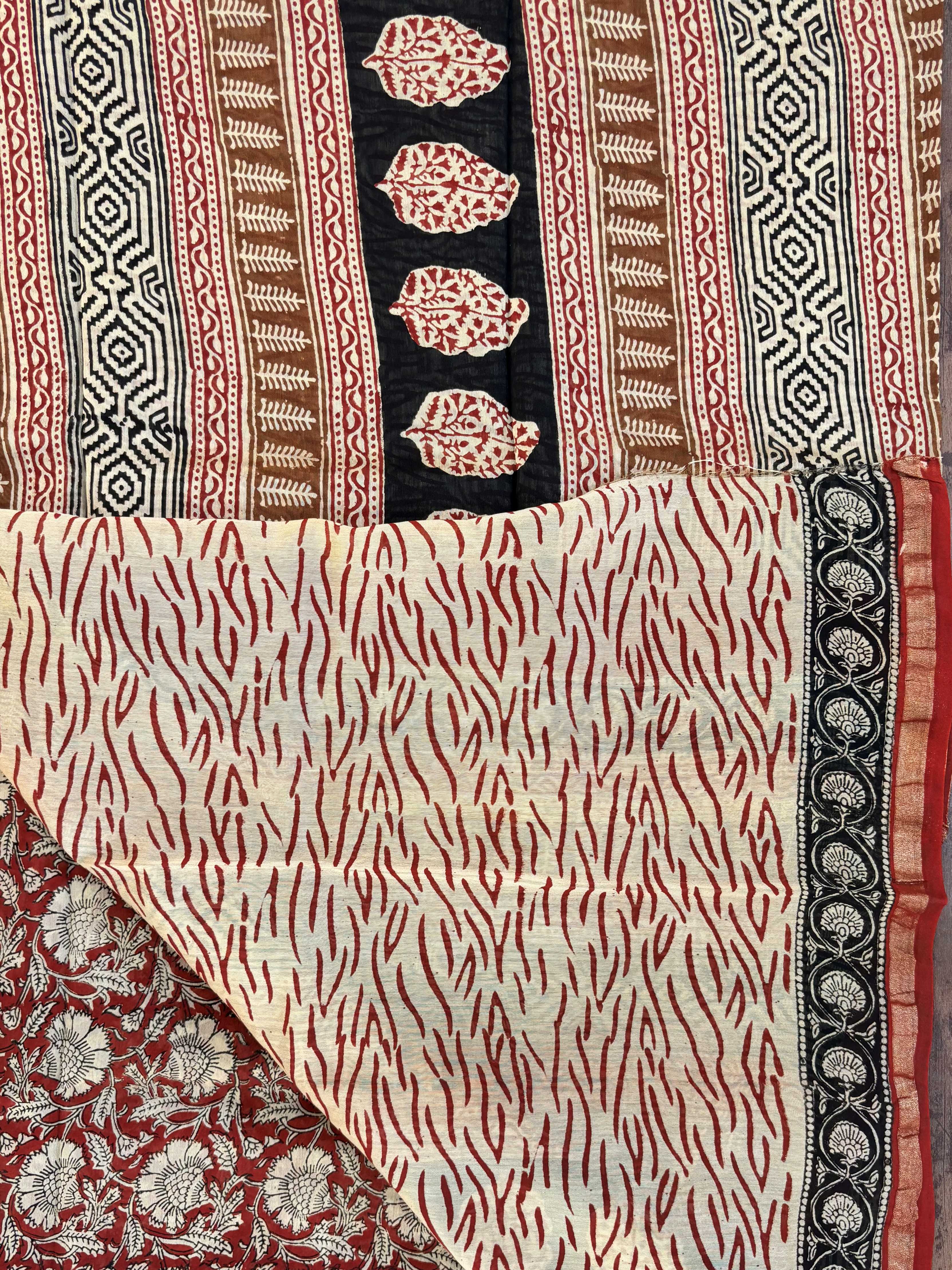 Maroon Chanderi Silk Cotton with Bagru Block Print