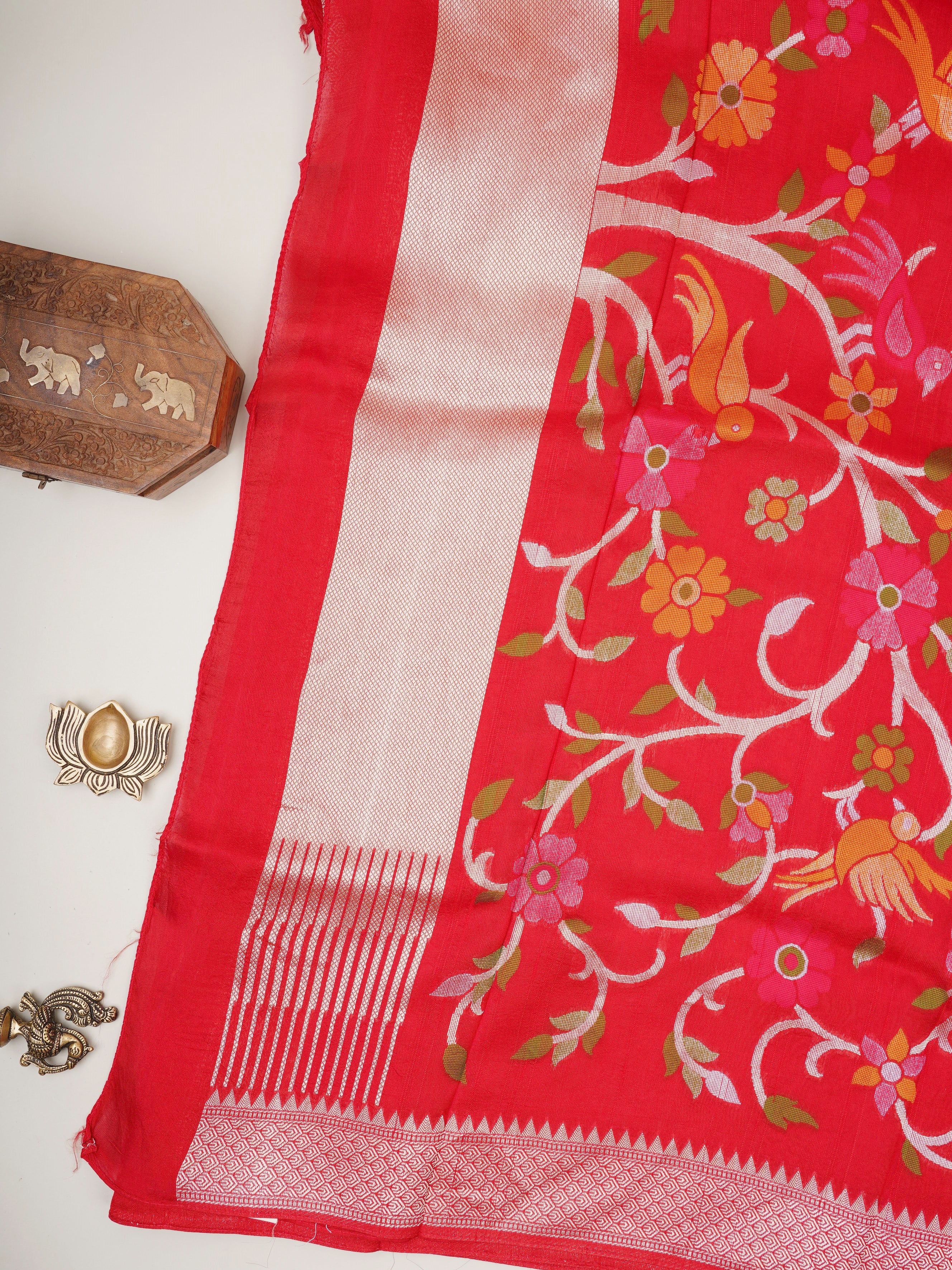 Georgette Red Tussar Georgette Manoranjitham Weaves - Handloom Store
