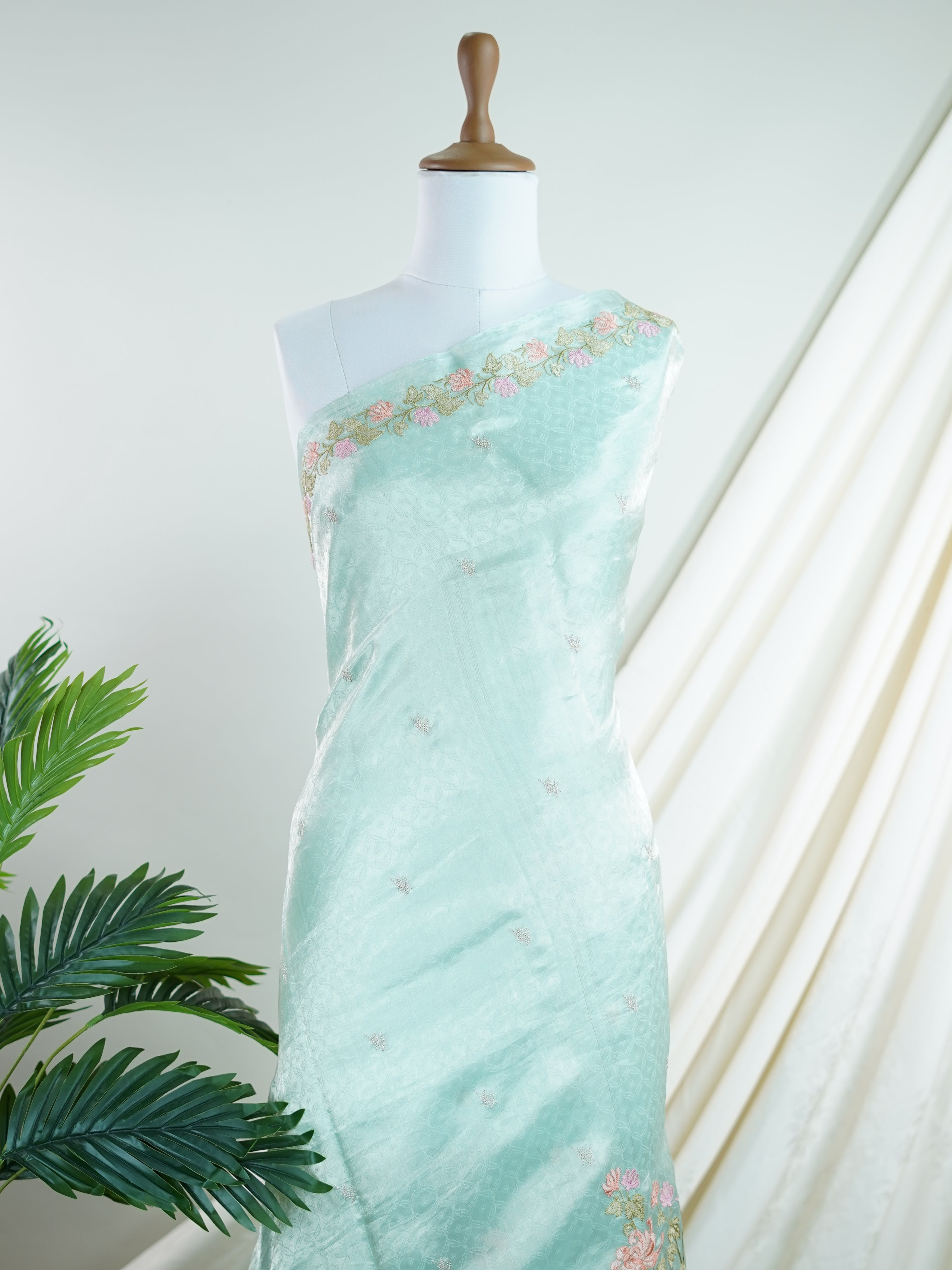 Katan Powder Blue 100% Pure Tissue - Manoranjitham Weaves - Handloom Store