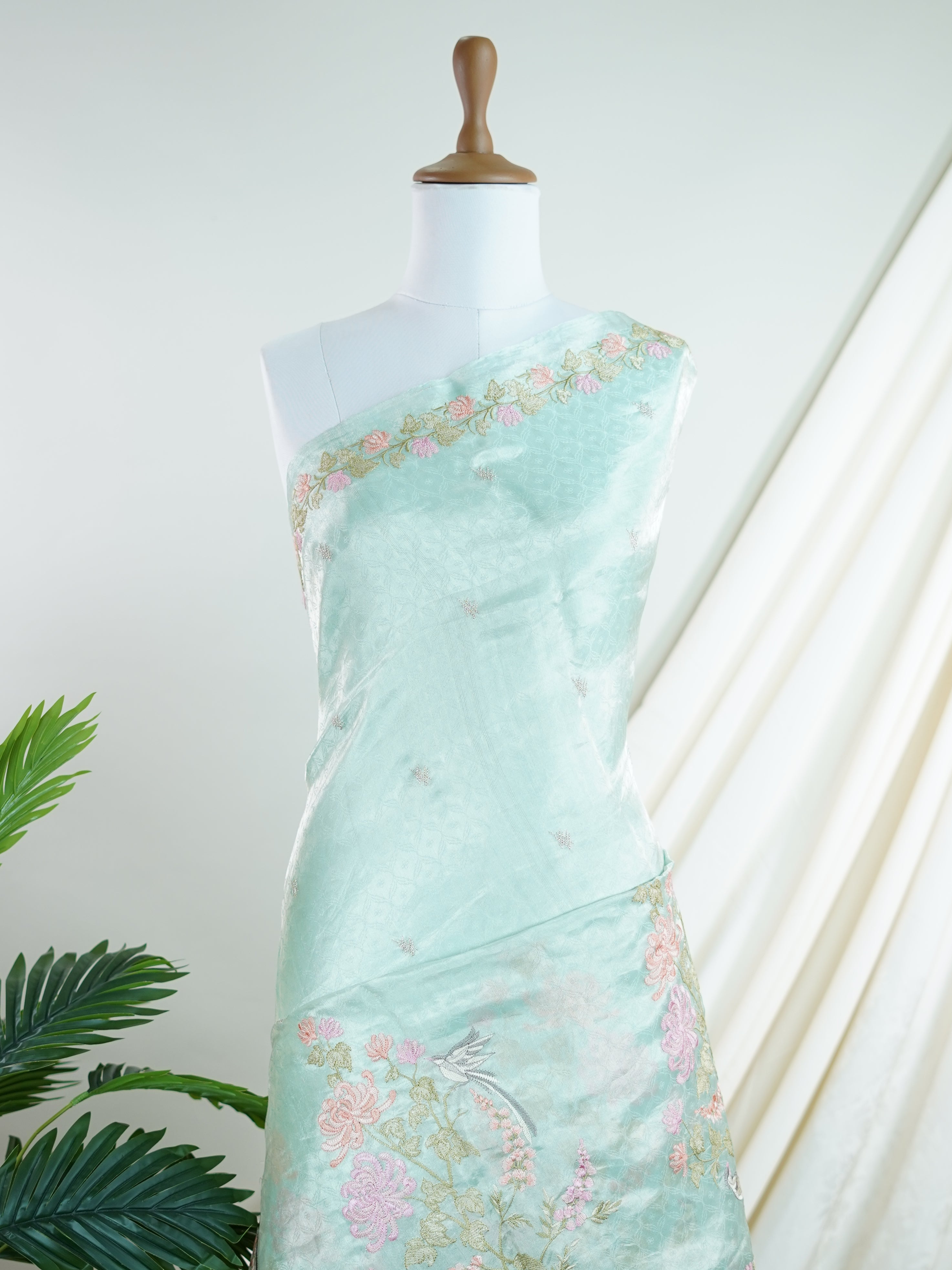 Katan Powder Blue 100% Pure Tissue - Manoranjitham Weaves - Handloom Store