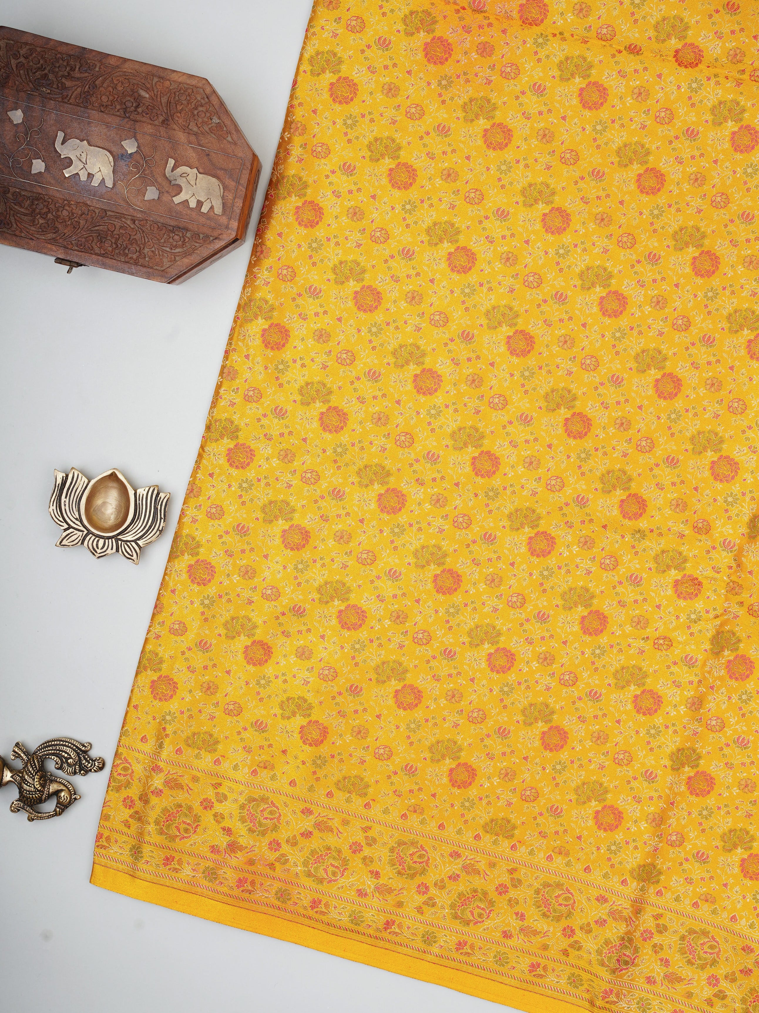 Katan Yellow Semi Mushru - Manoranjitham Weaves - Handloom Store