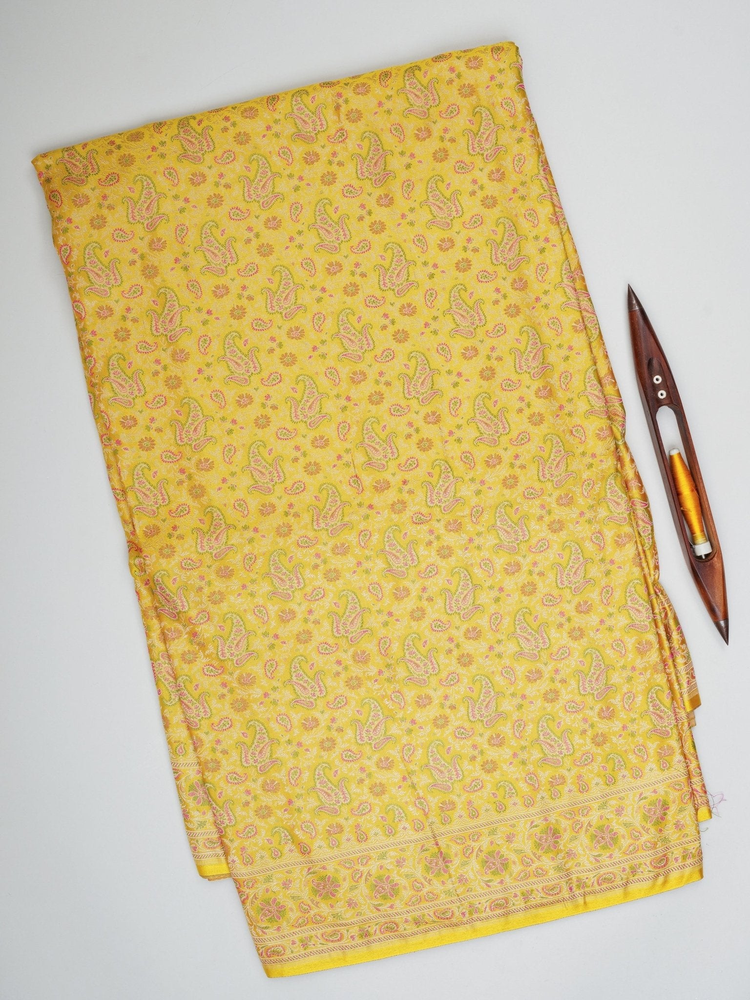 Katan Yellow Semi Mushru - Manoranjitham Weaves - Handloom Store