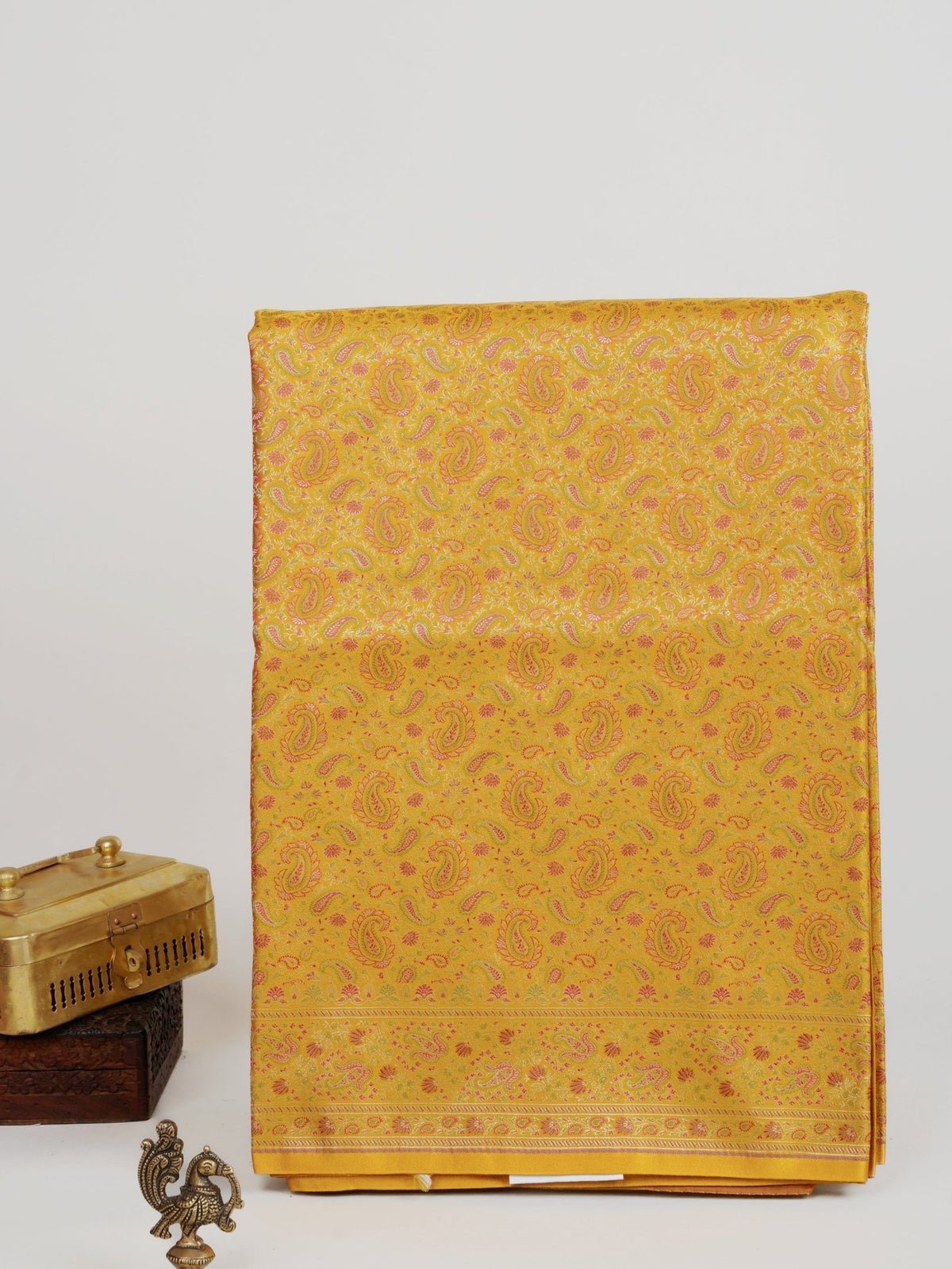 Katan Yellow Semi Mushru - Manoranjitham Weaves - Handloom Store