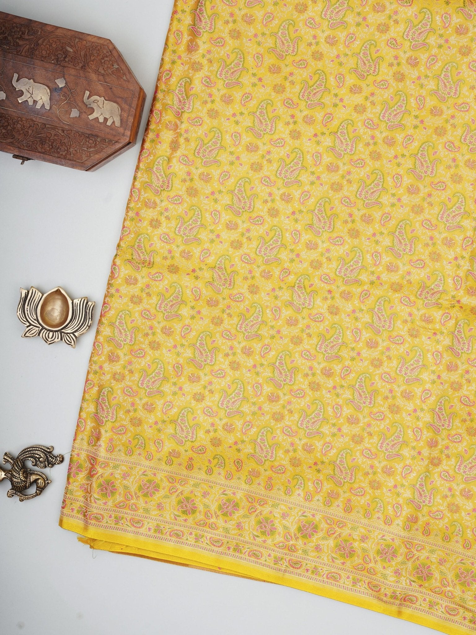 Katan Yellow Semi Mushru - Manoranjitham Weaves - Handloom Store