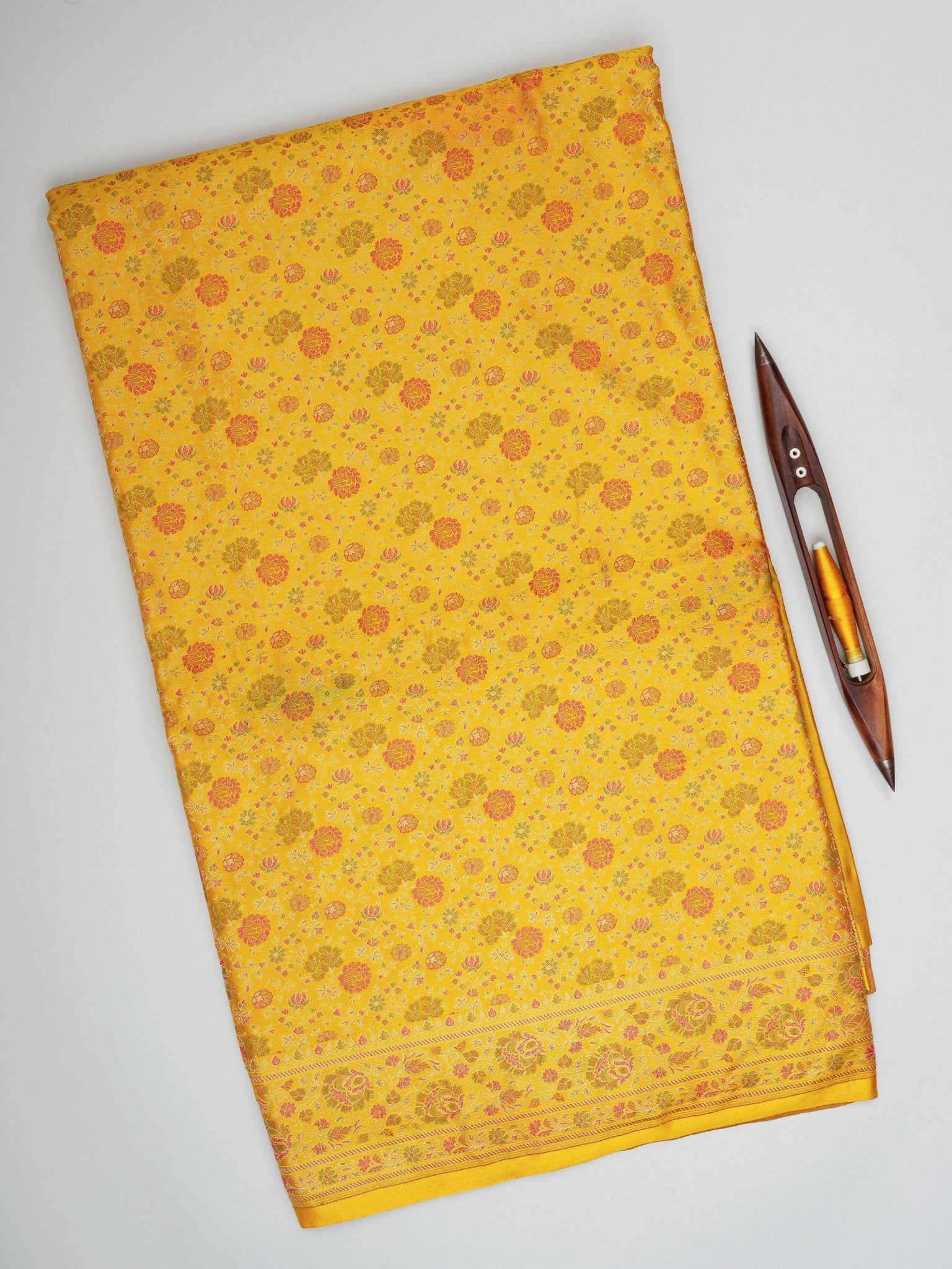 Katan Yellow Semi Mushru - Manoranjitham Weaves - Handloom Store