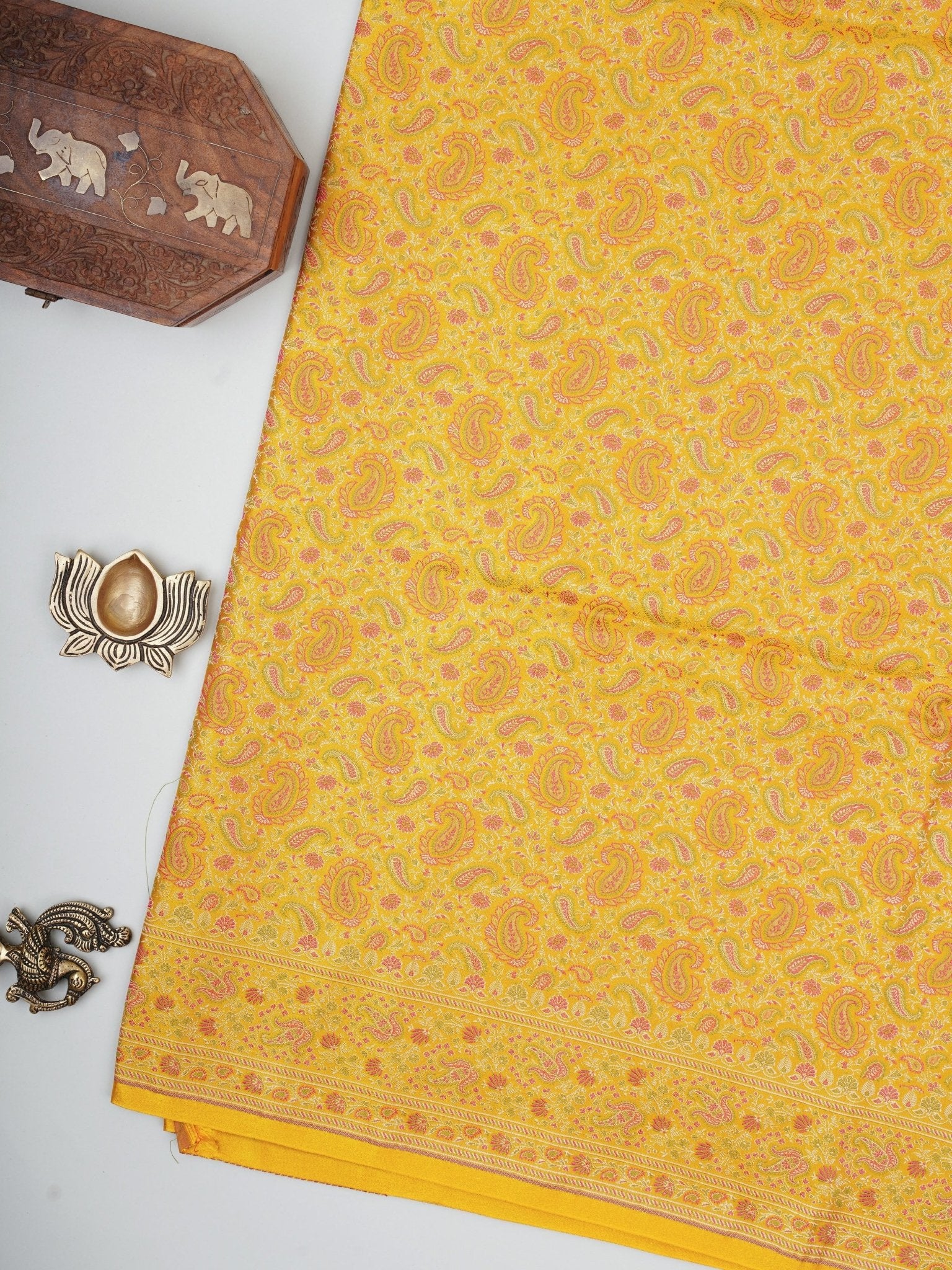 Katan Yellow Semi Mushru - Manoranjitham Weaves - Handloom Store
