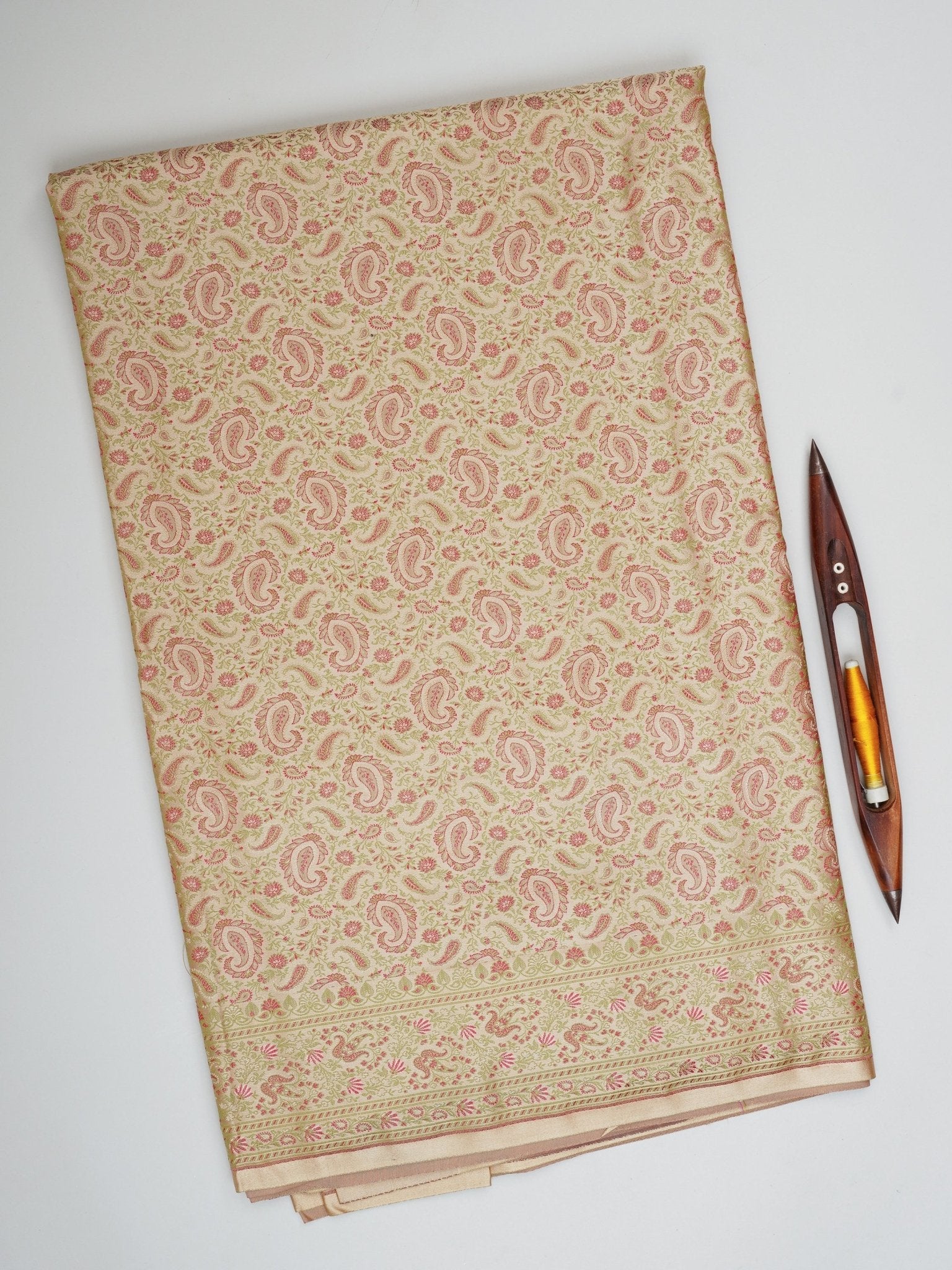 Katan Beige Semi Mushru - Manoranjitham Weaves - Handloom Store