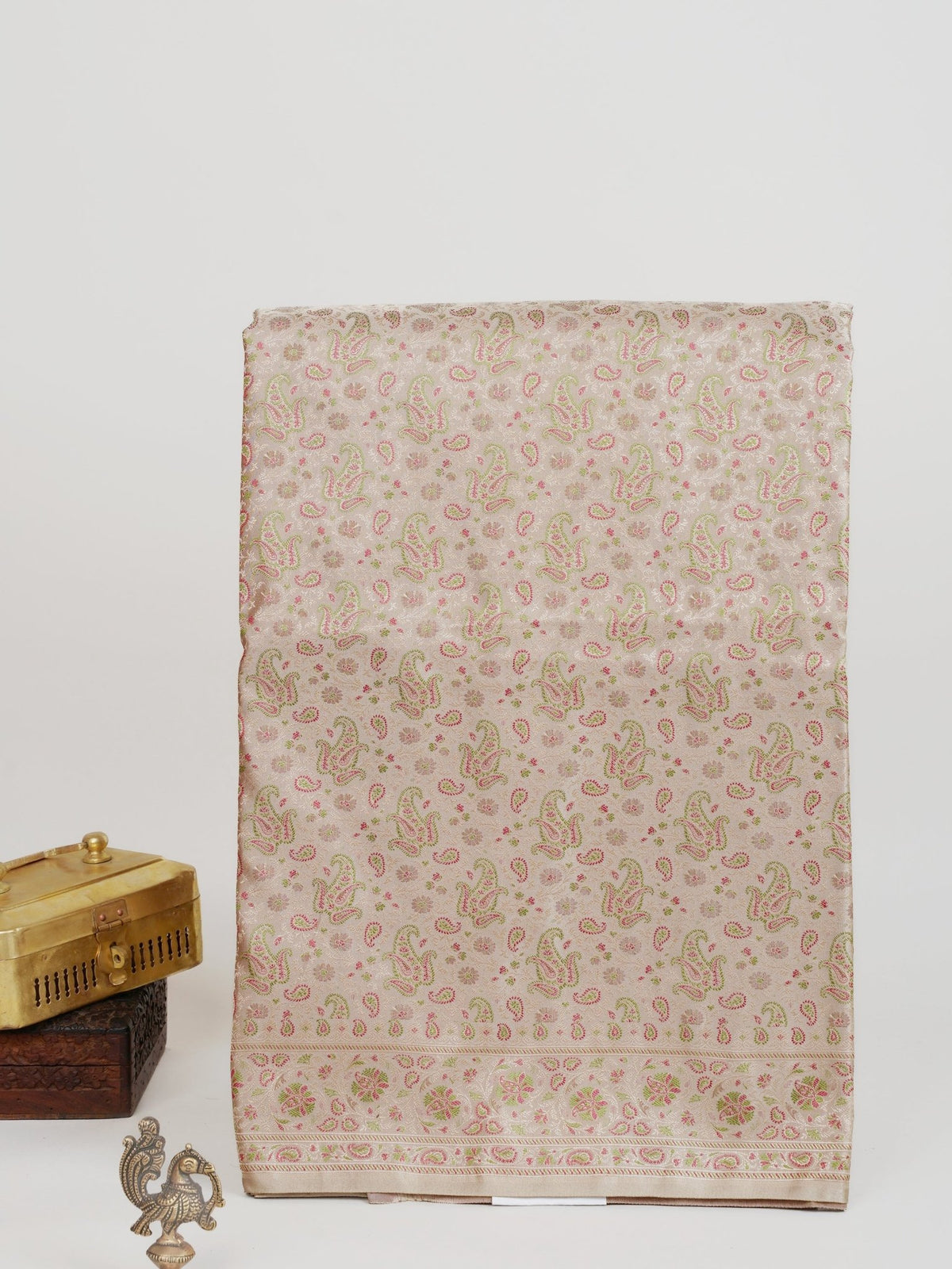 Katan Beige Semi Mushru - Manoranjitham Weaves - Handloom Store