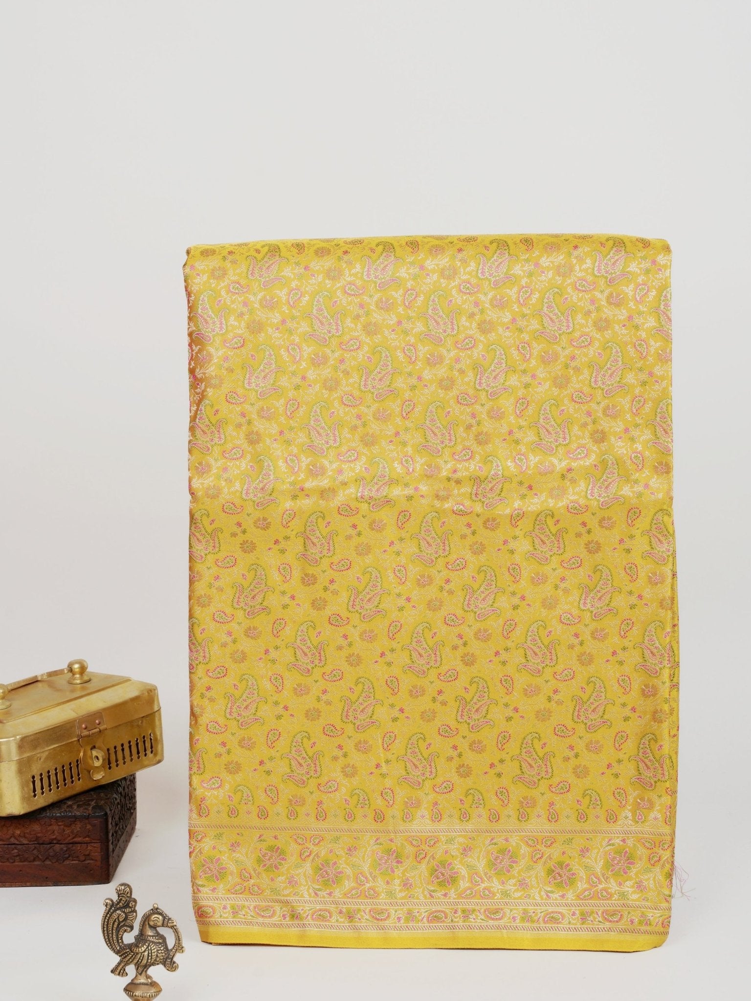 Katan Yellow Semi Mushru - Manoranjitham Weaves - Handloom Store