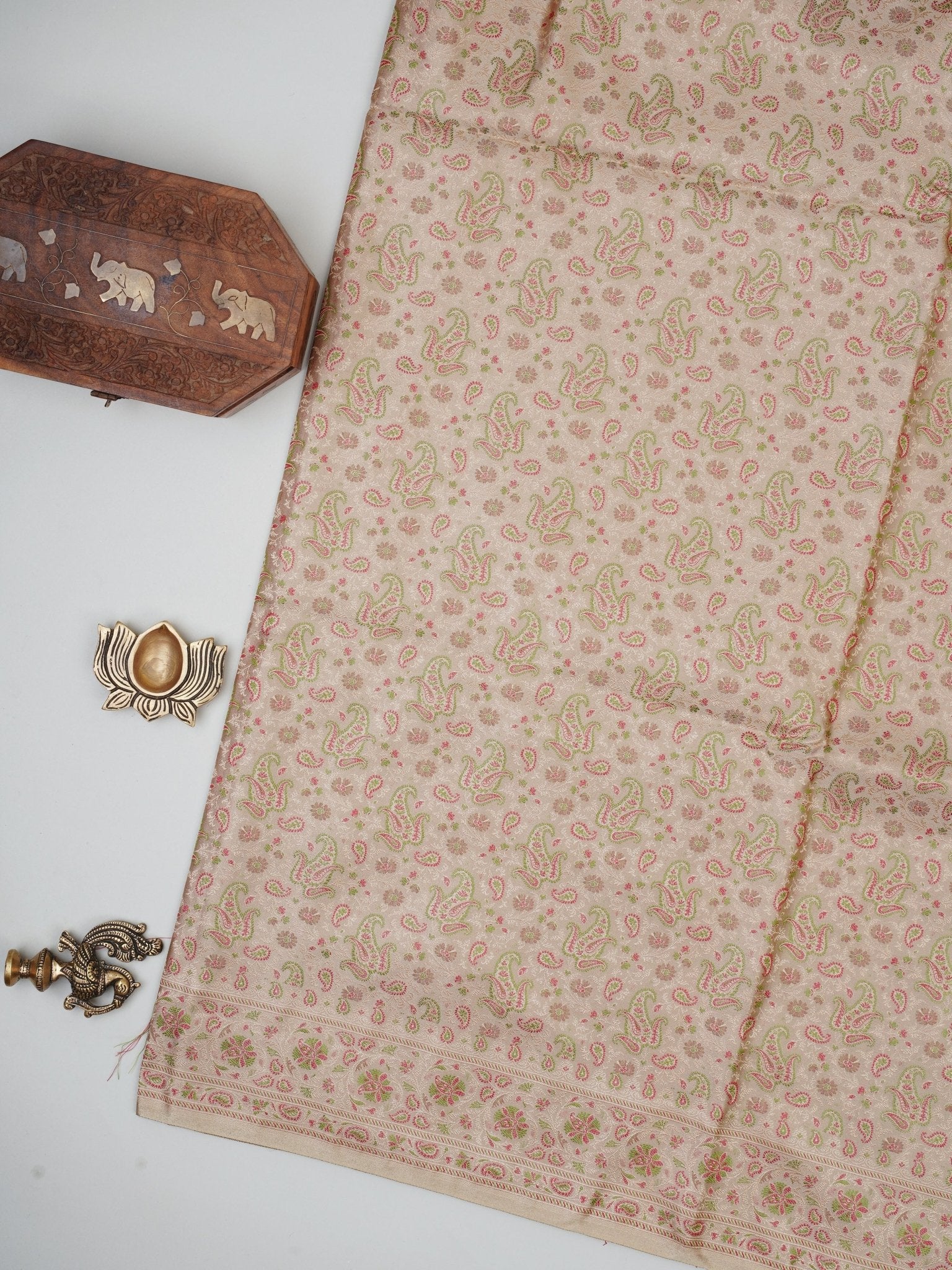 Katan Beige Semi Mushru - Manoranjitham Weaves - Handloom Store