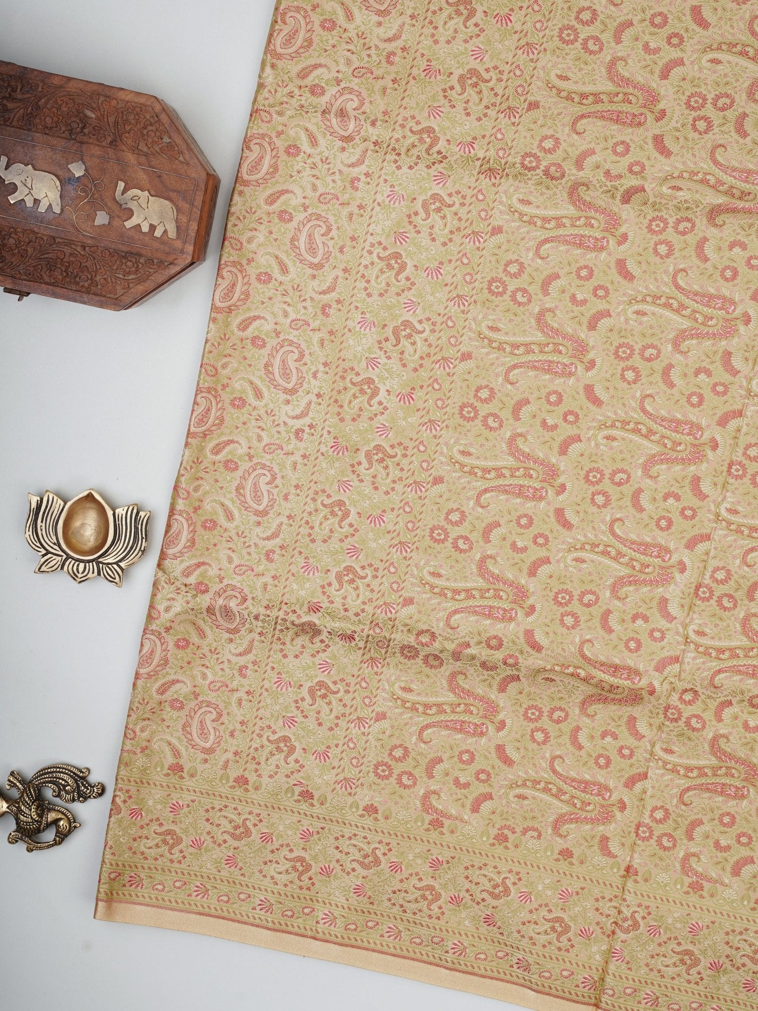 Katan Beige Semi Mushru - Manoranjitham Weaves - Handloom Store