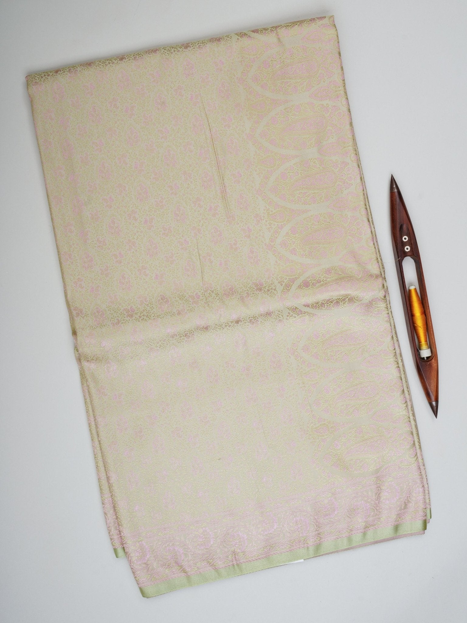 Katan Pista Green Semi Mushru - Manoranjitham Weaves - Handloom Store