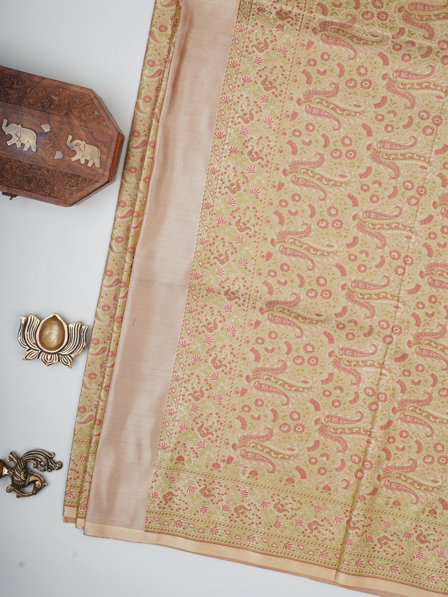 Katan Beige Semi Mushru - Manoranjitham Weaves - Handloom Store