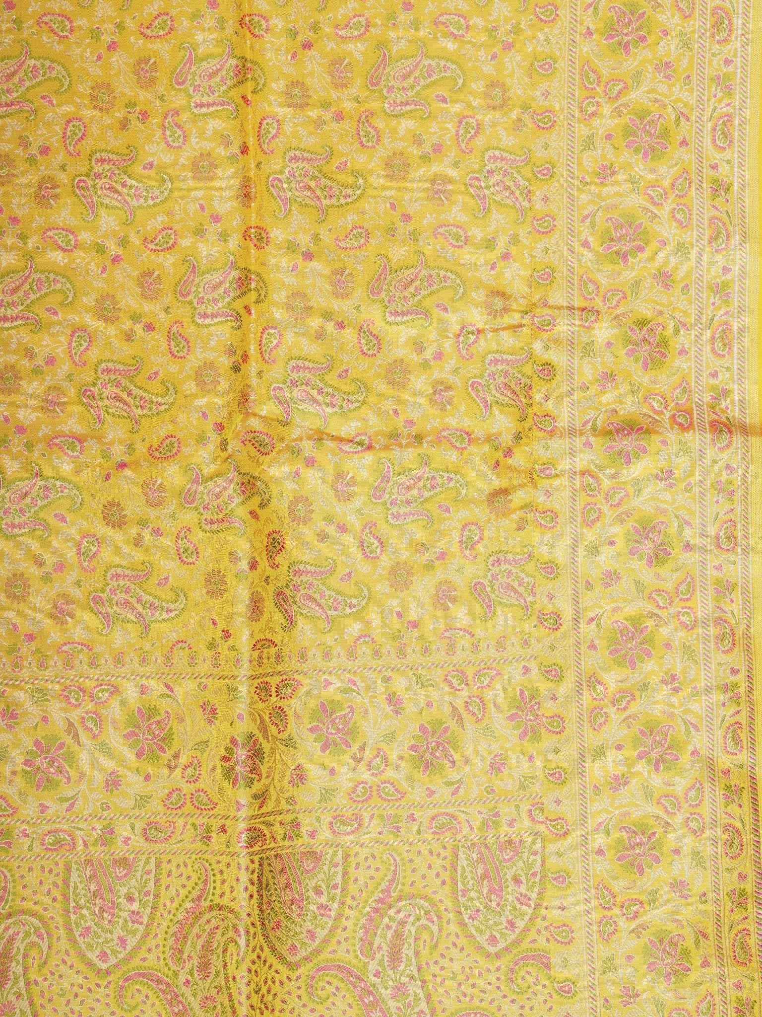 Katan Yellow Semi Mushru - Manoranjitham Weaves - Handloom Store