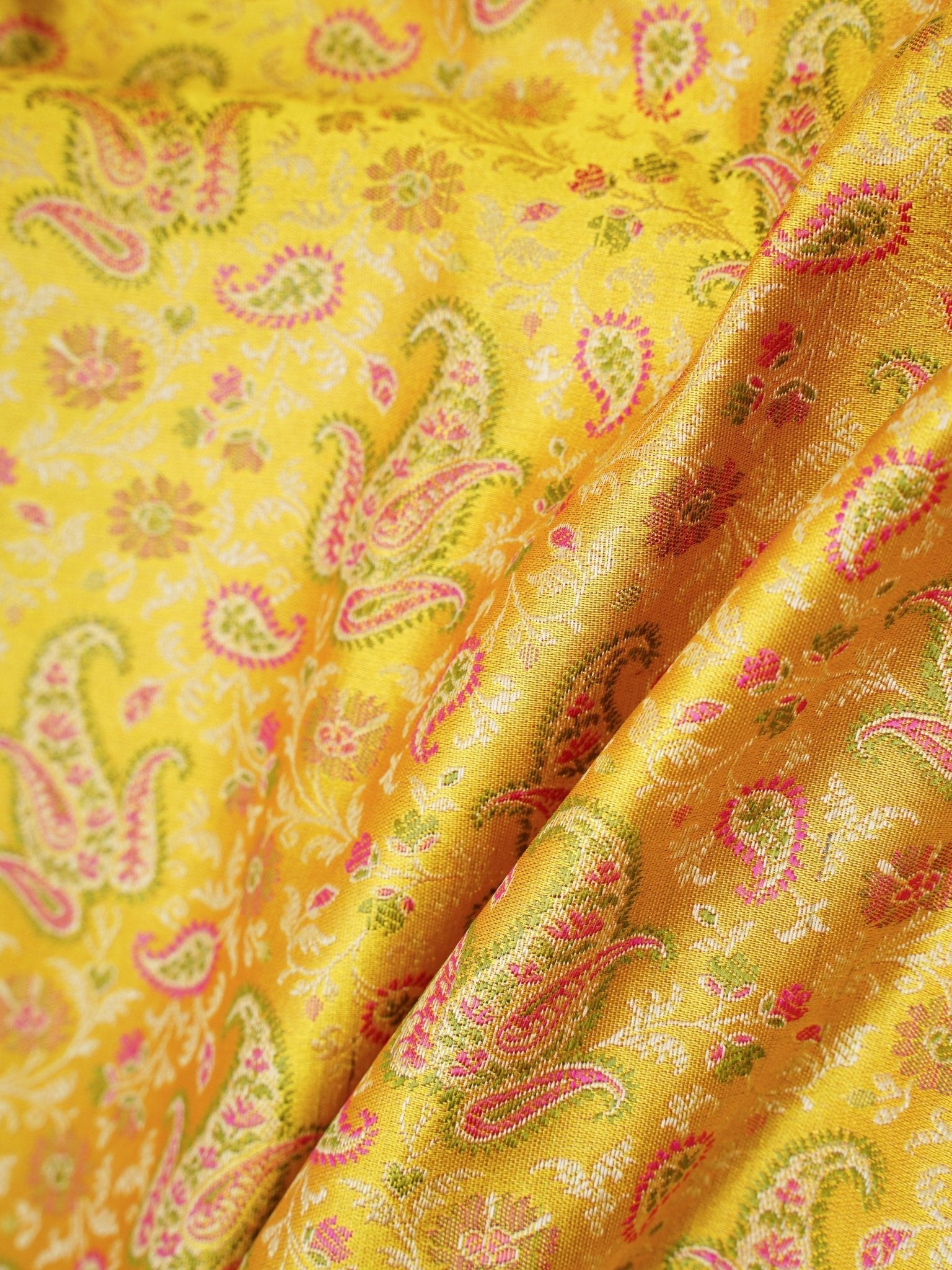 Katan Yellow Semi Mushru - Manoranjitham Weaves - Handloom Store