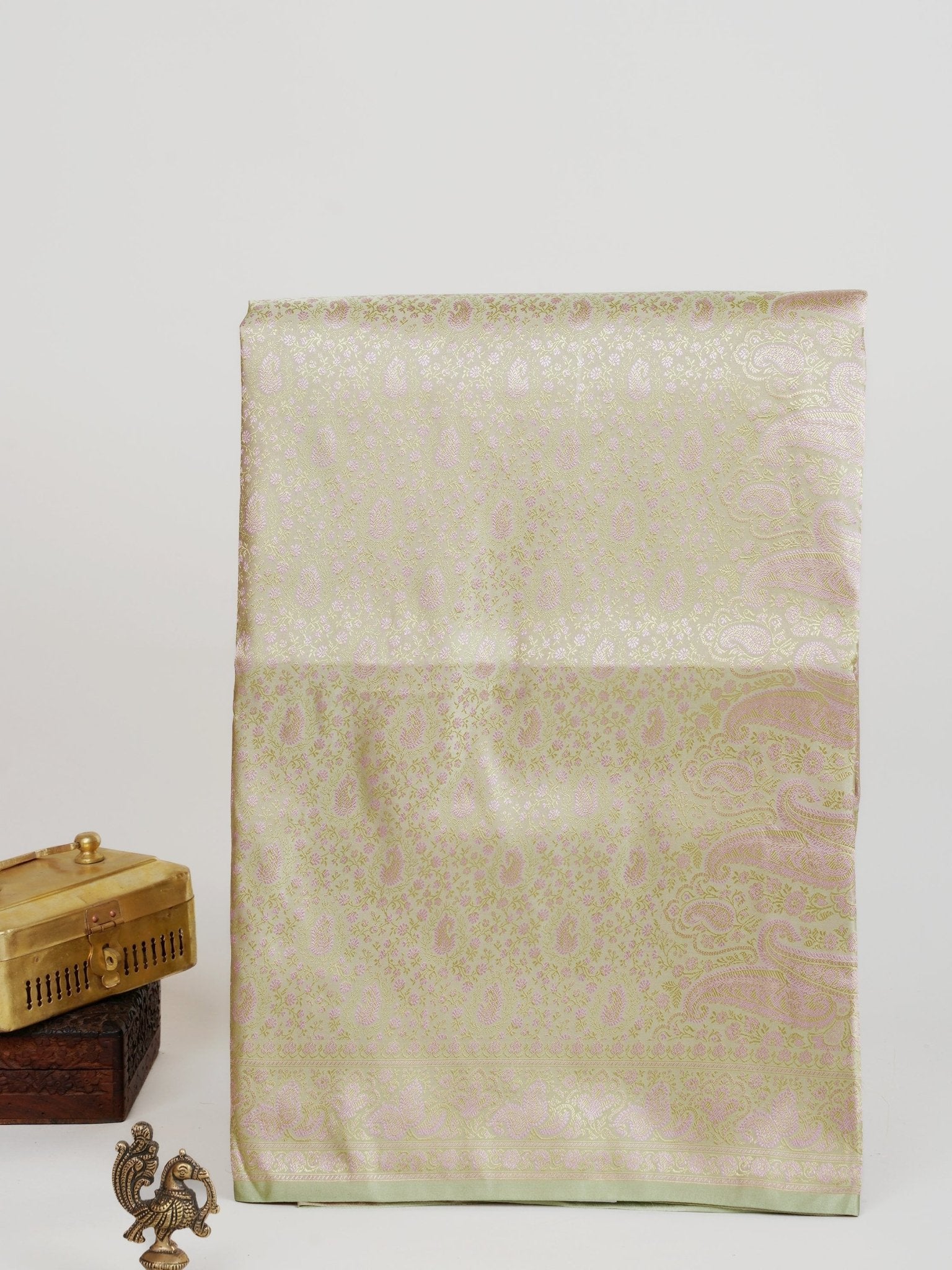 Katan Pista Green Semi Mushru - Manoranjitham Weaves - Handloom Store