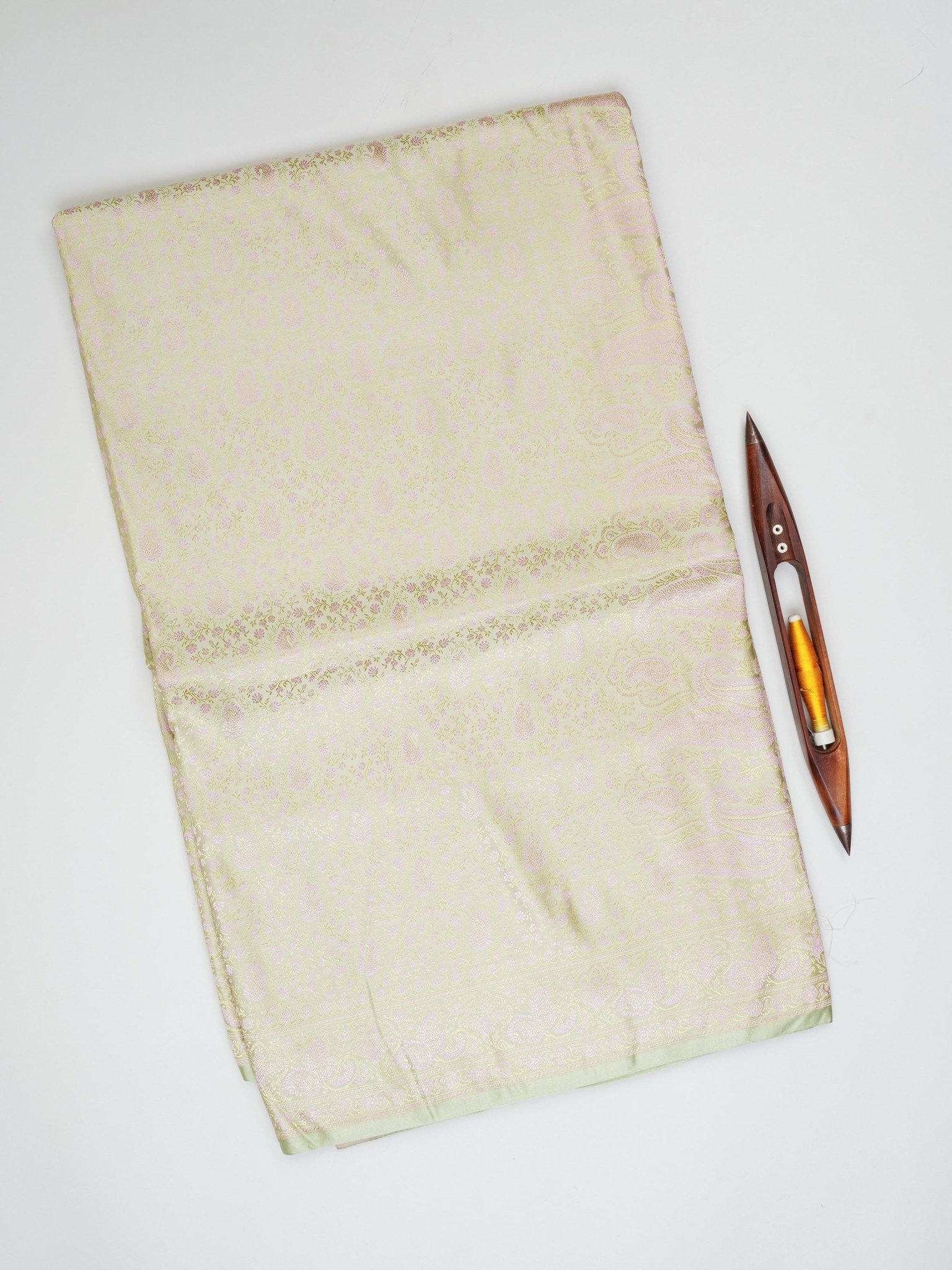 Katan Pista Green Semi Mushru - Manoranjitham Weaves - Handloom Store