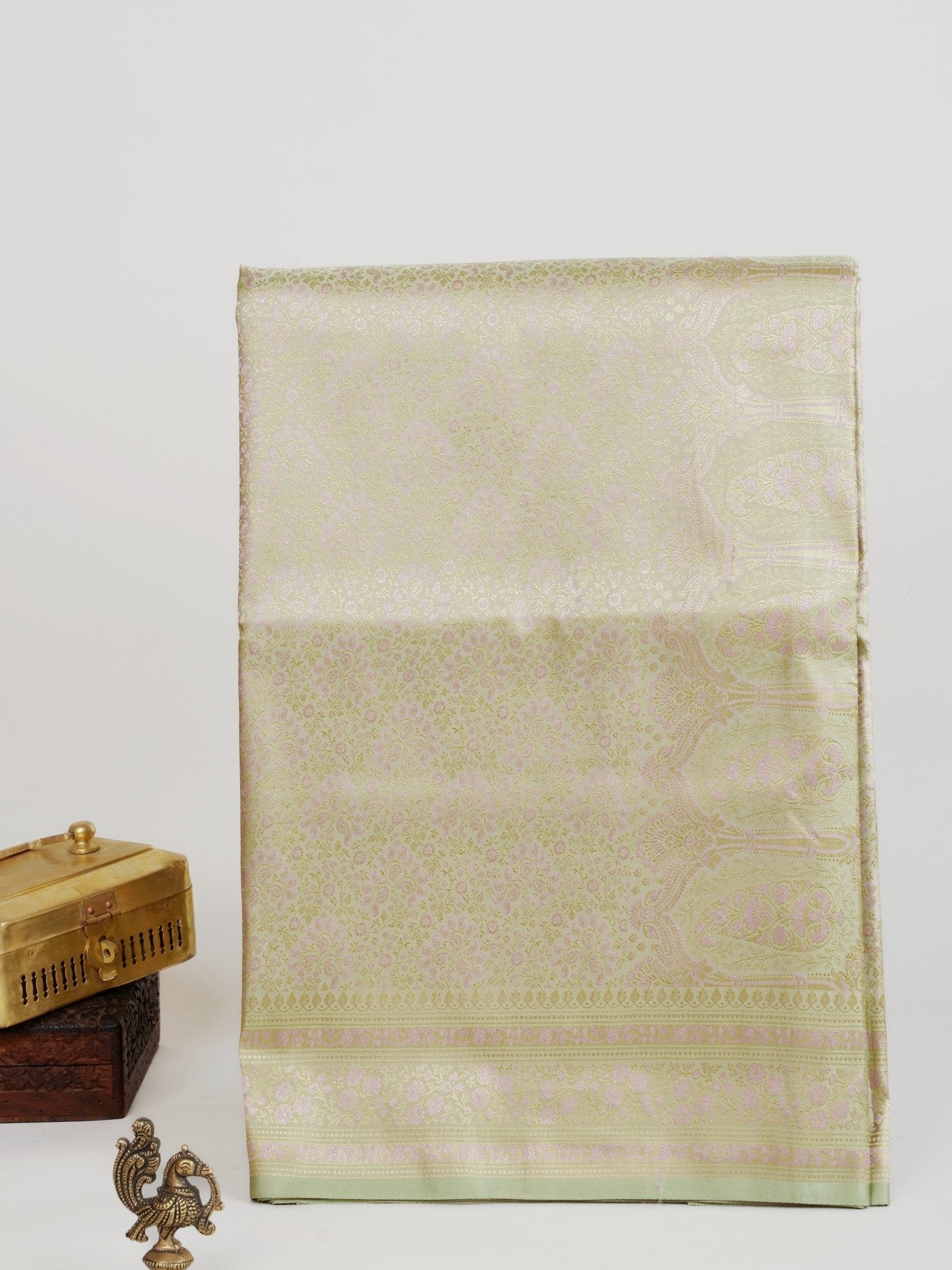 Katan Pista Green Semi Mushru - Manoranjitham Weaves - Handloom Store