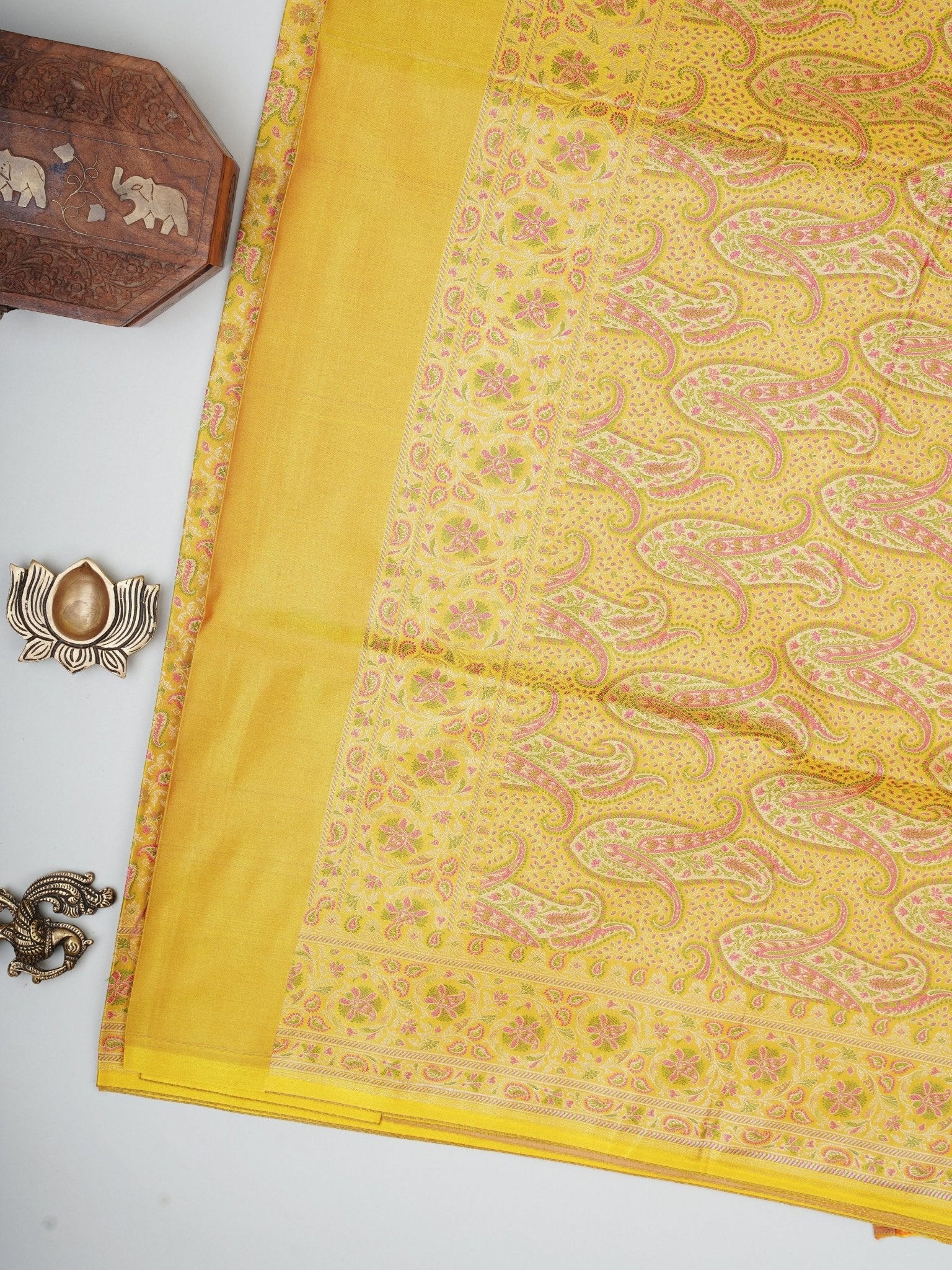 Katan Yellow Semi Mushru - Manoranjitham Weaves - Handloom Store