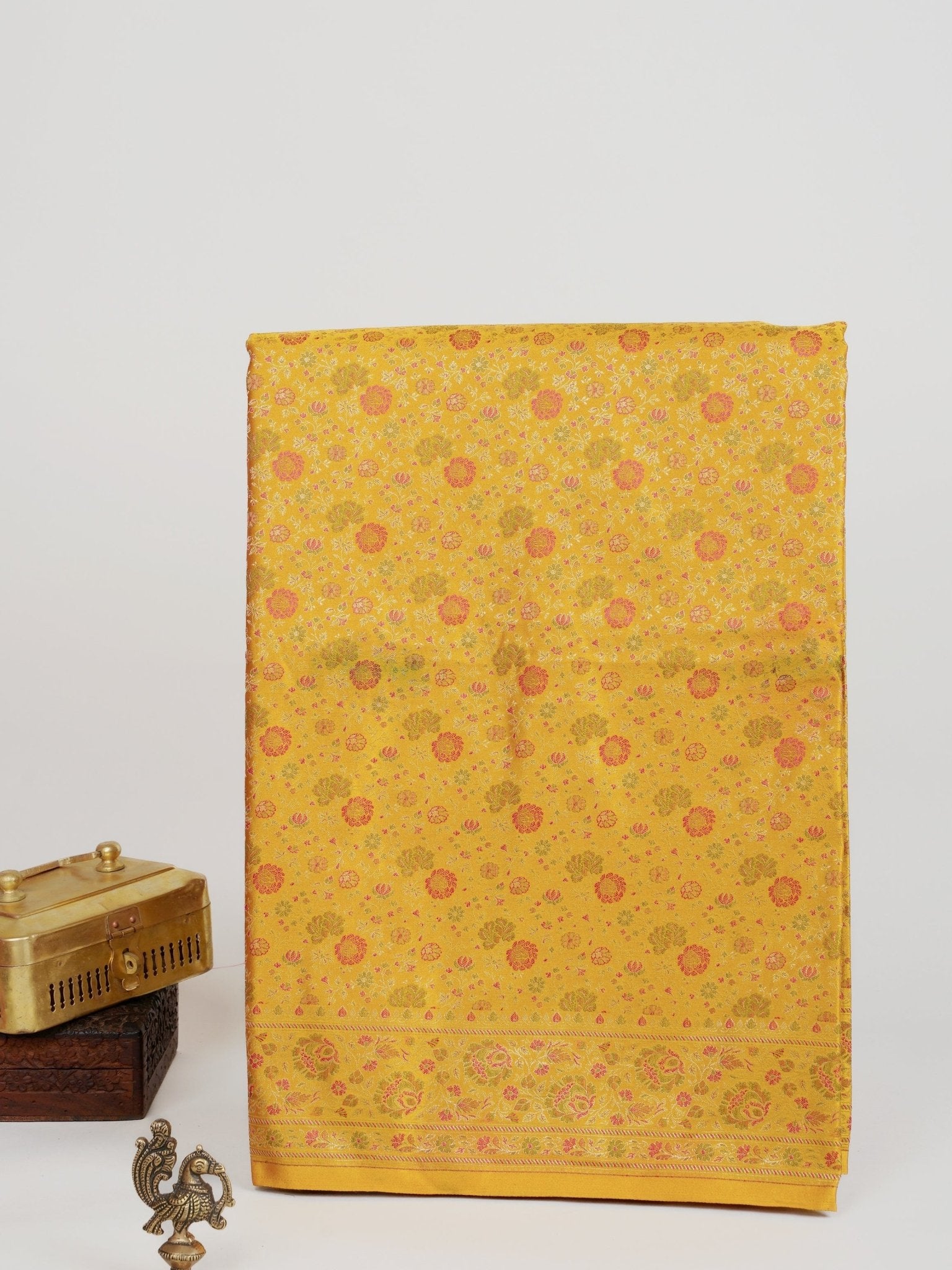 Katan Yellow Semi Mushru - Manoranjitham Weaves - Handloom Store