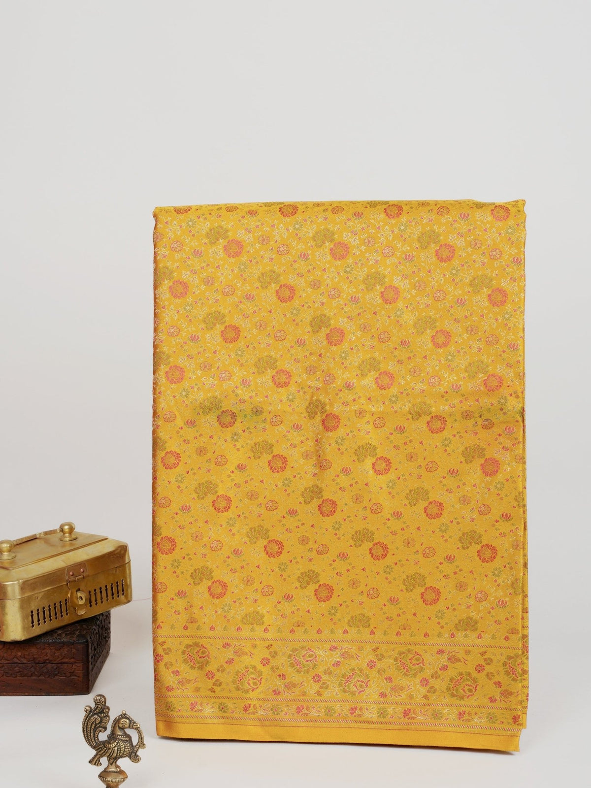 Katan Yellow Semi Mushru - Manoranjitham Weaves - Handloom Store