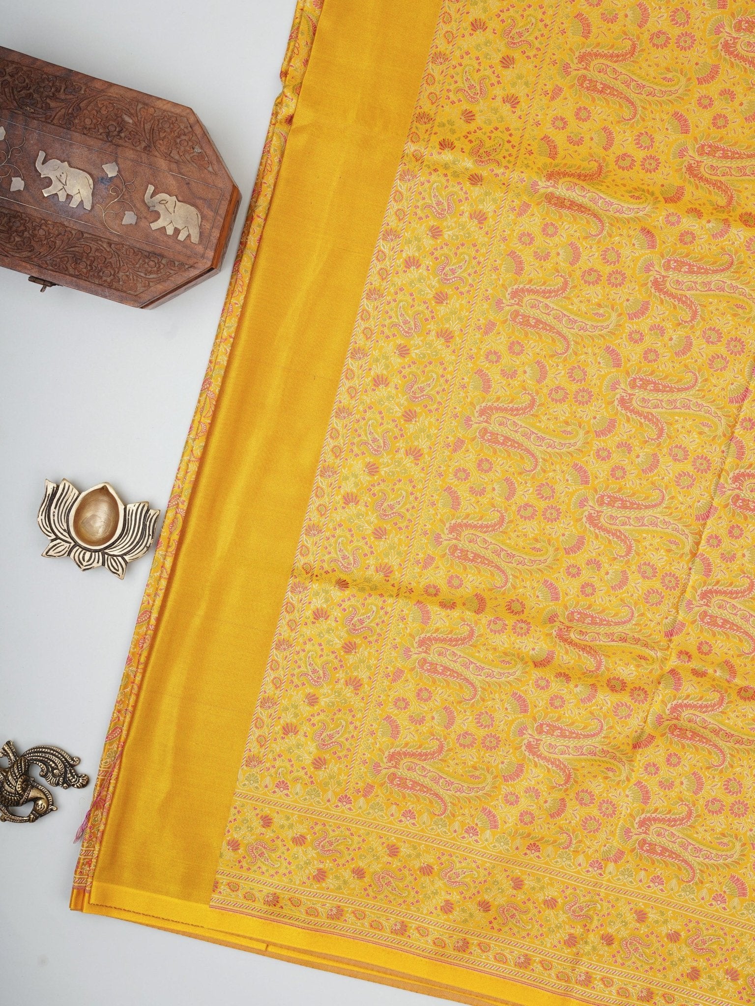 Katan Yellow Semi Mushru - Manoranjitham Weaves - Handloom Store