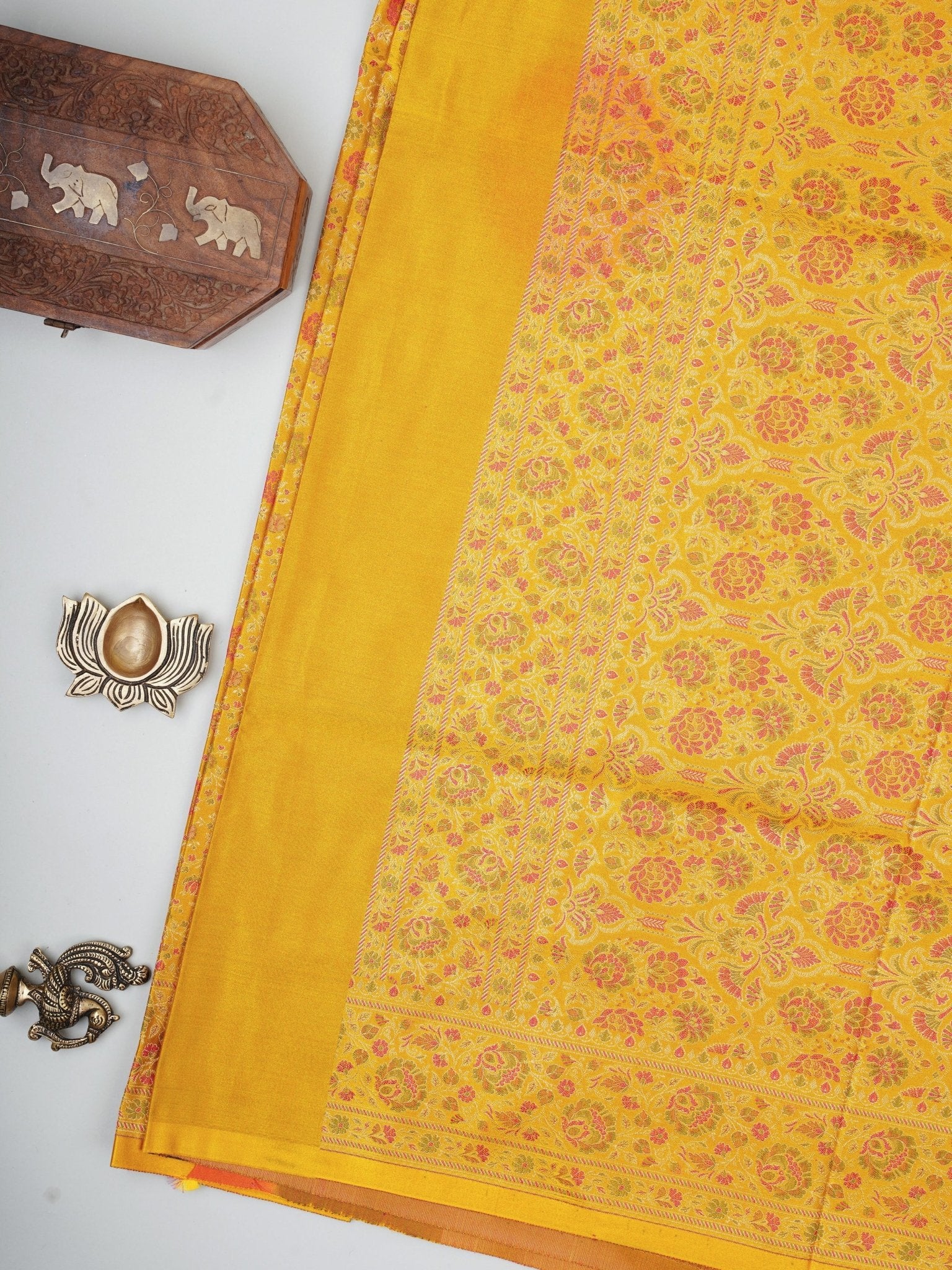 Katan Yellow Semi Mushru - Manoranjitham Weaves - Handloom Store