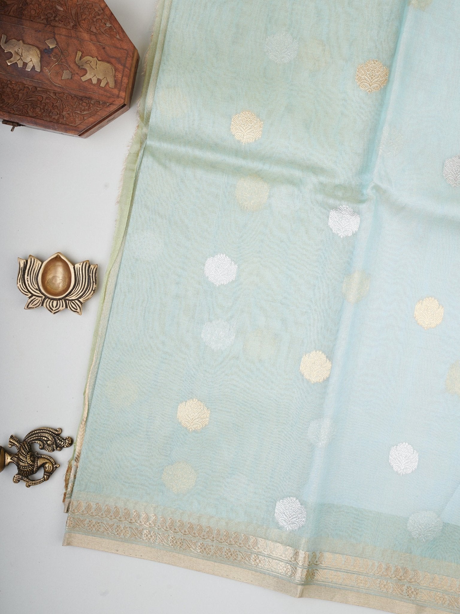 Katan Teal Green Kora Tissue Manoranjitham Weaves - Handloom Store