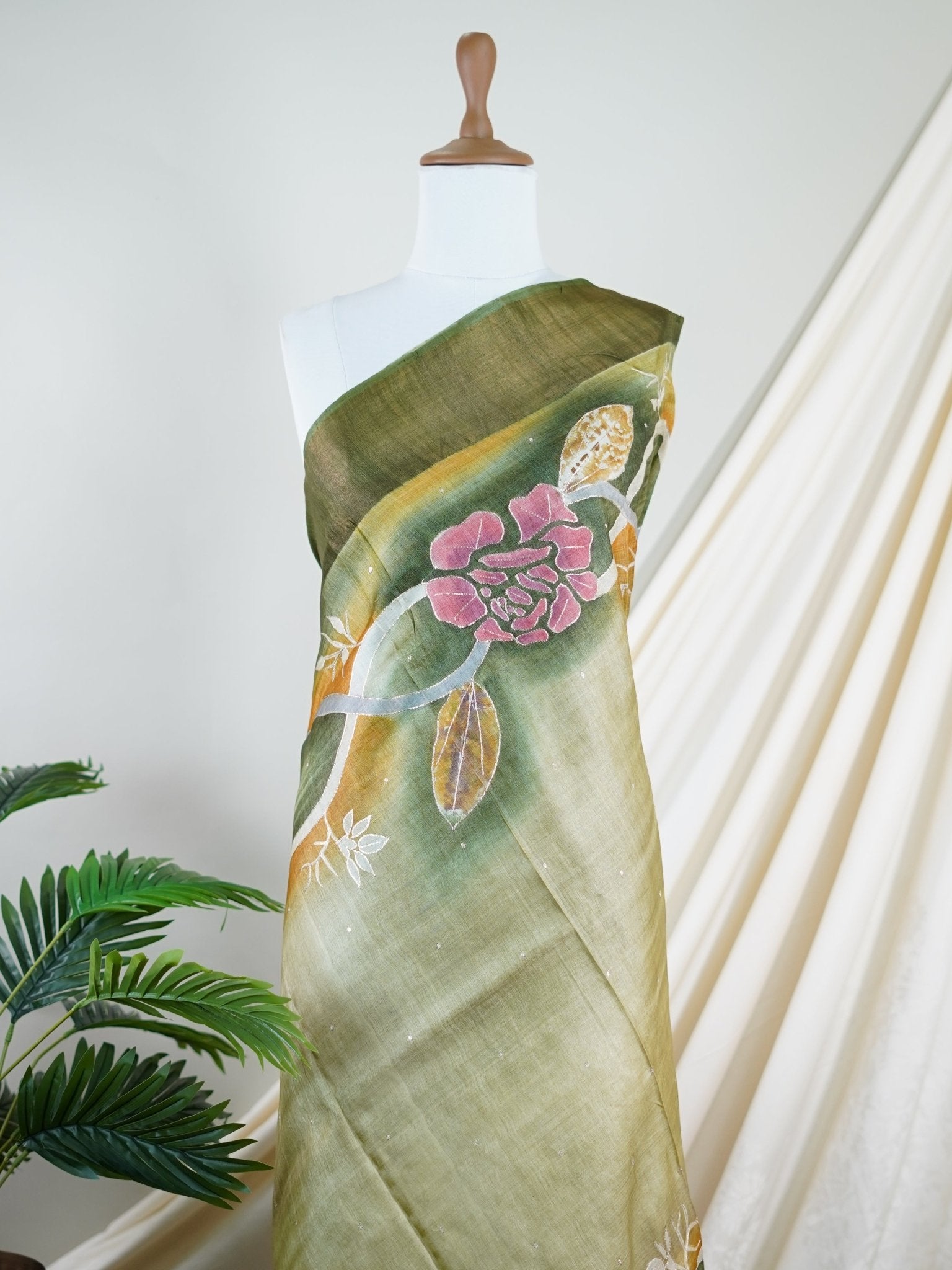 Tussars Army Green 100% Pure Tussar - Manoranjitham Weaves - Handloom Store