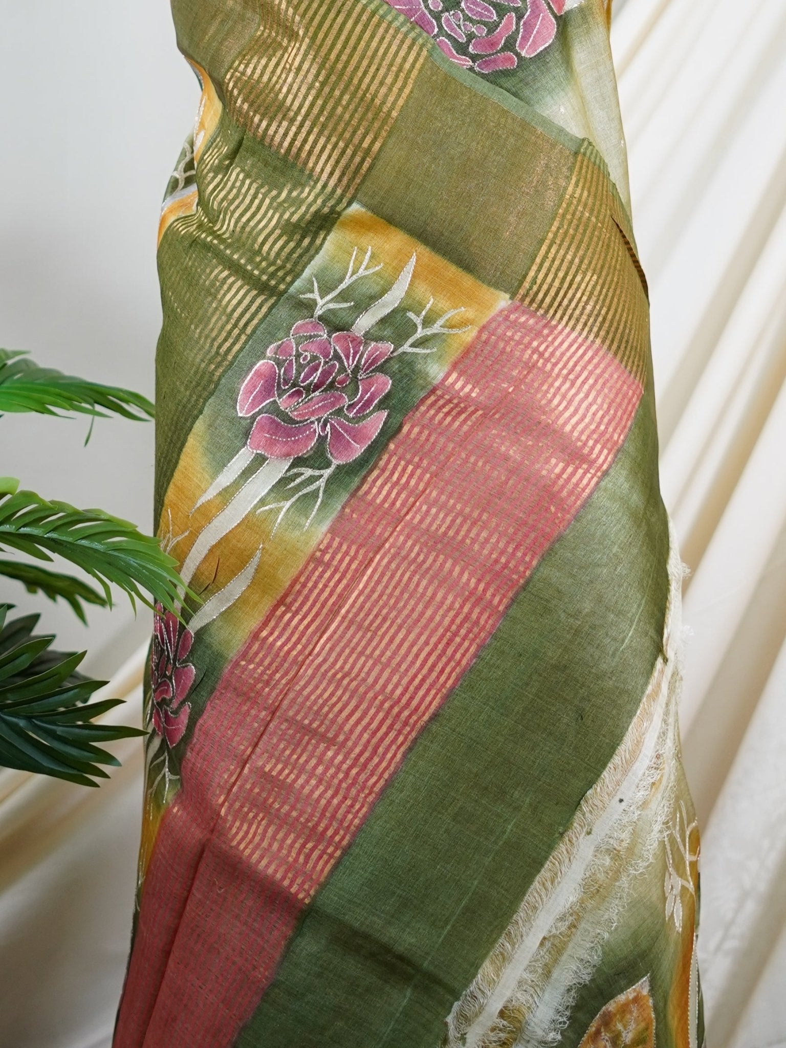 Tussars Army Green 100% Pure Tussar - Manoranjitham Weaves - Handloom Store