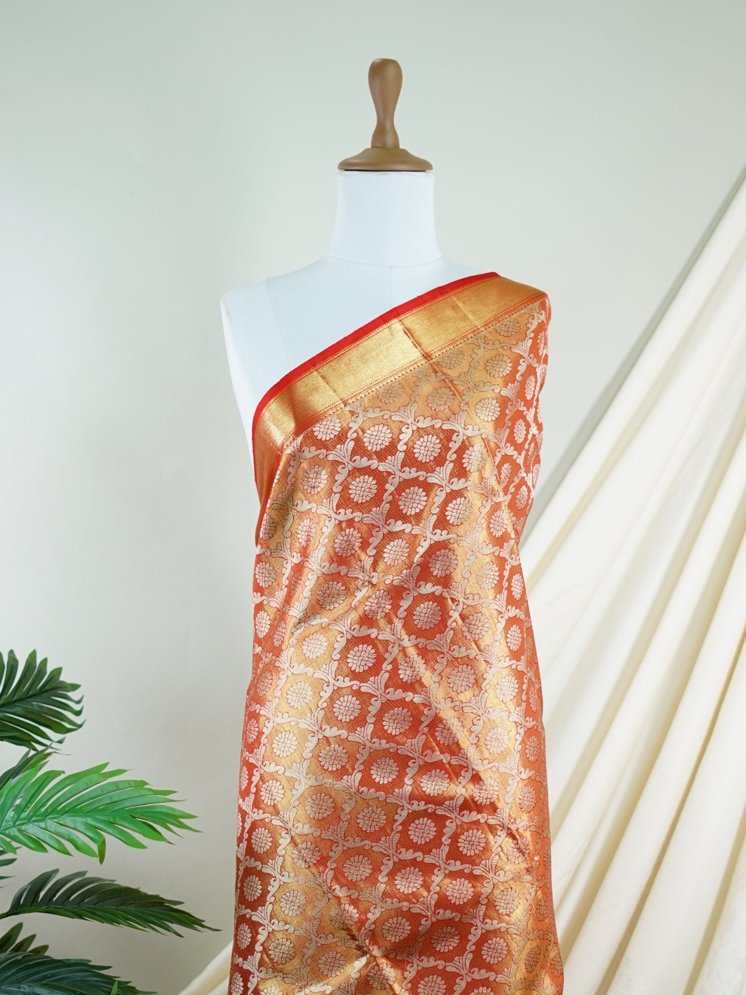 Kanchipuram Silk Peach Red 100% Pure Silk  - Manoranjitham Weaves - Handloom Store