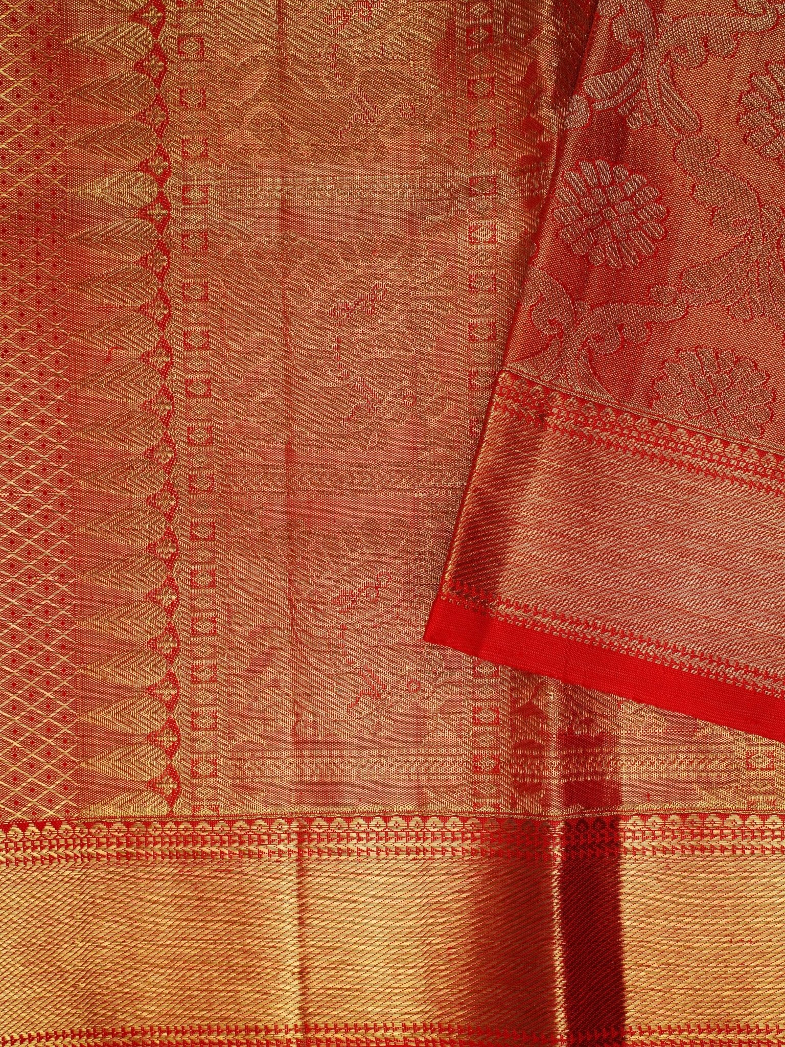 Kanchipuram Silk Peach Red 100% Pure Silk  Manoranjitham Weaves - Handloom Store