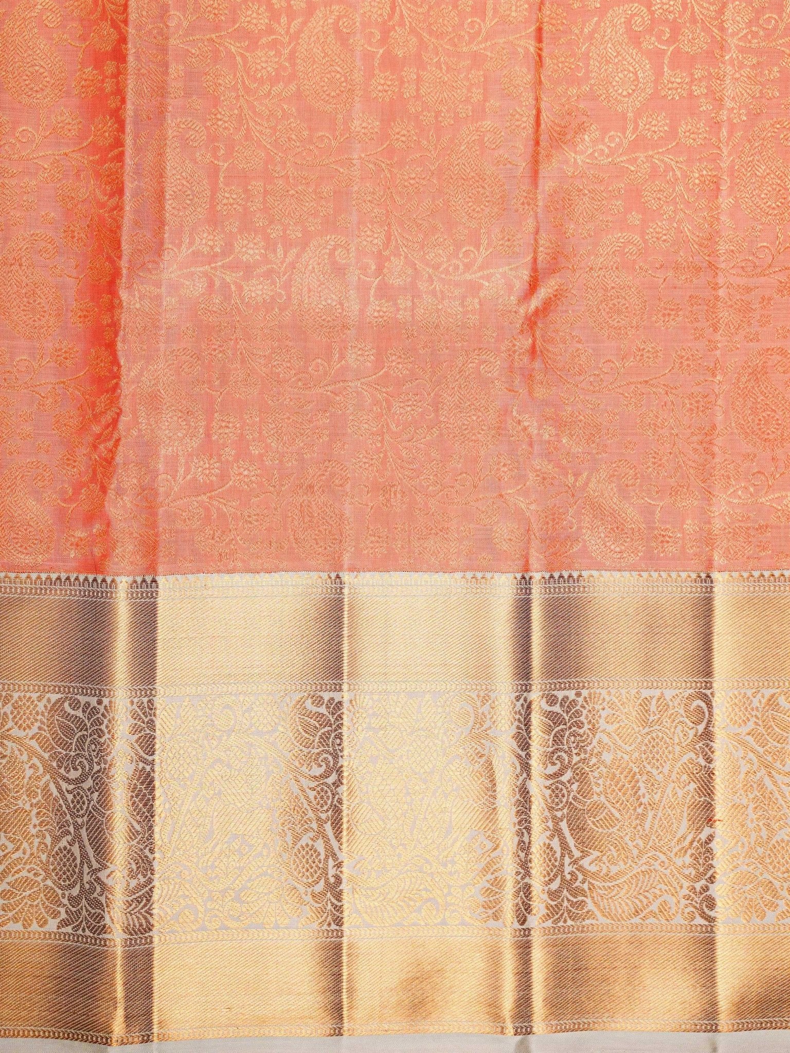 Kanchipuram Silk Coral Pink 100% Pure Silk  Manoranjitham Weaves - Handloom Store