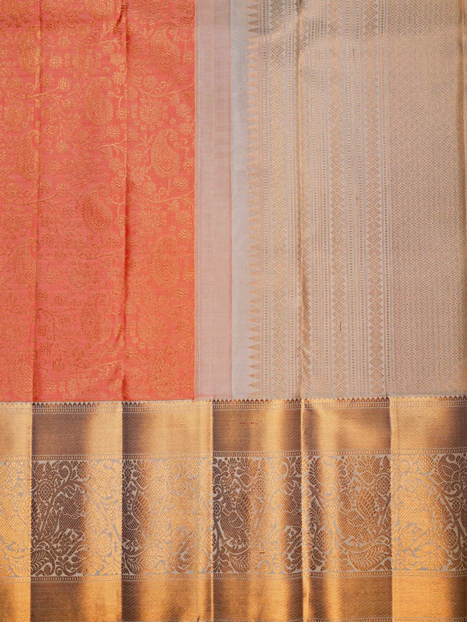 Kanchipuram Silk Coral Pink 100% Pure Silk  Manoranjitham Weaves - Handloom Store