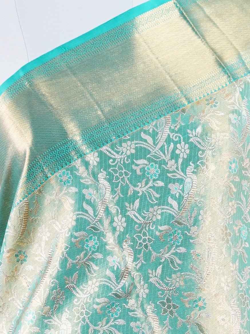 Kanchipuram Silk Turquoise 100% Pure Silk  - Manoranjitham Weaves - Handloom Store