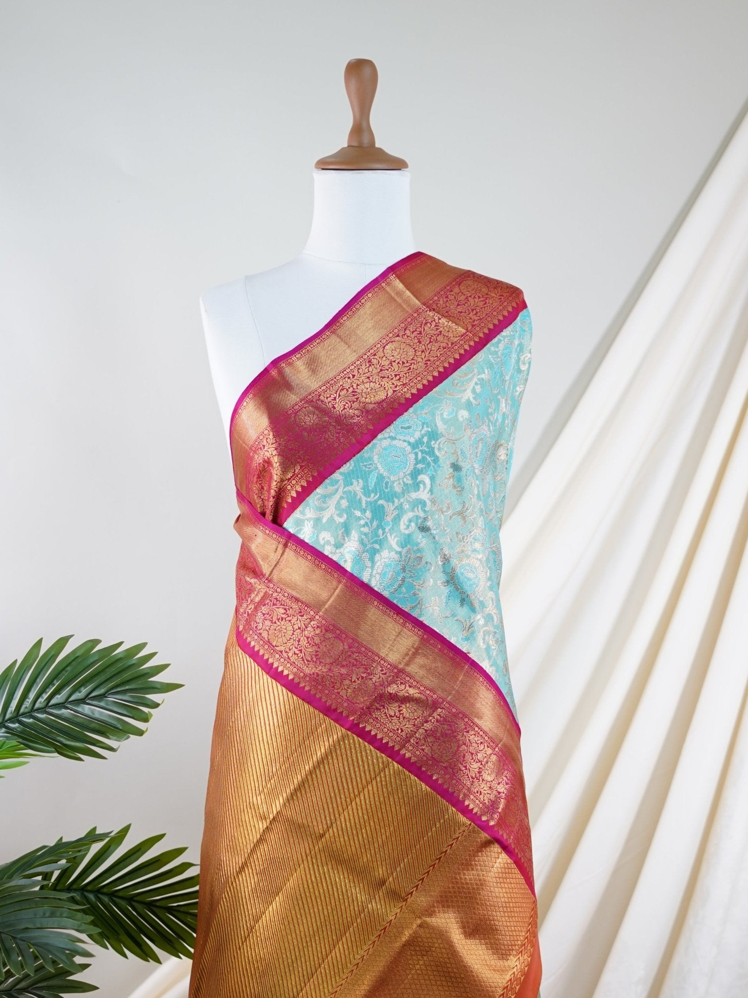 Kanchipuram Silk Aqua Green 100% Pure Silk  - Manoranjitham Weaves - Handloom Store