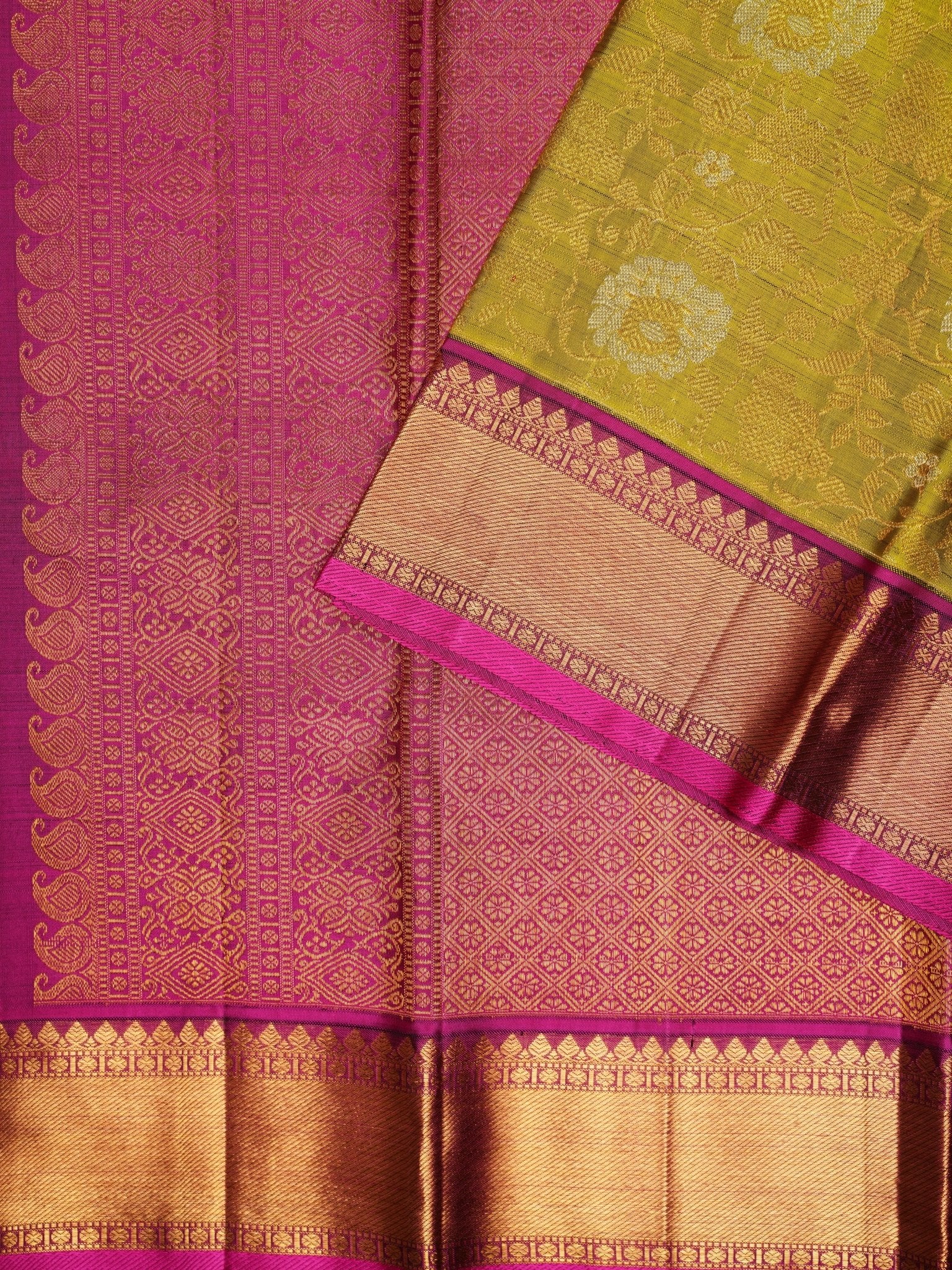 Kanchipuram Silk Olive Green 100% Pure Silk  Manoranjitham Weaves - Handloom Store