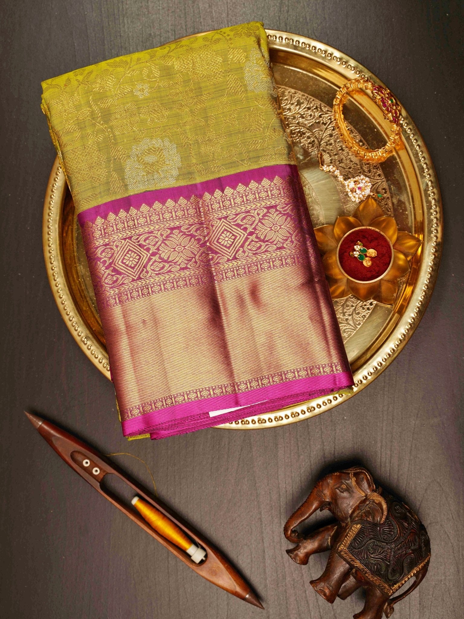 Kanchipuram Silk Olive Green 100% Pure Silk  Manoranjitham Weaves - Handloom Store