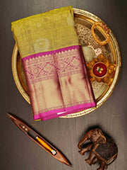 Kanchipuram Silk Olive Green 100% Pure Silk  Manoranjitham Weaves - Handloom Store