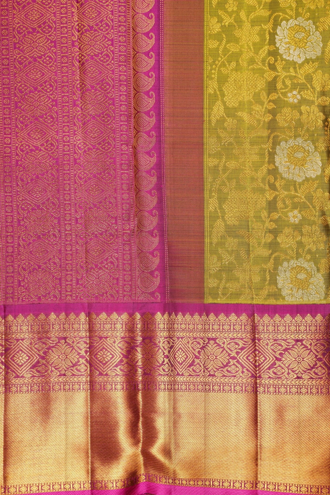 Kanchipuram Silk Olive Green 100% Pure Silk  Manoranjitham Weaves - Handloom Store