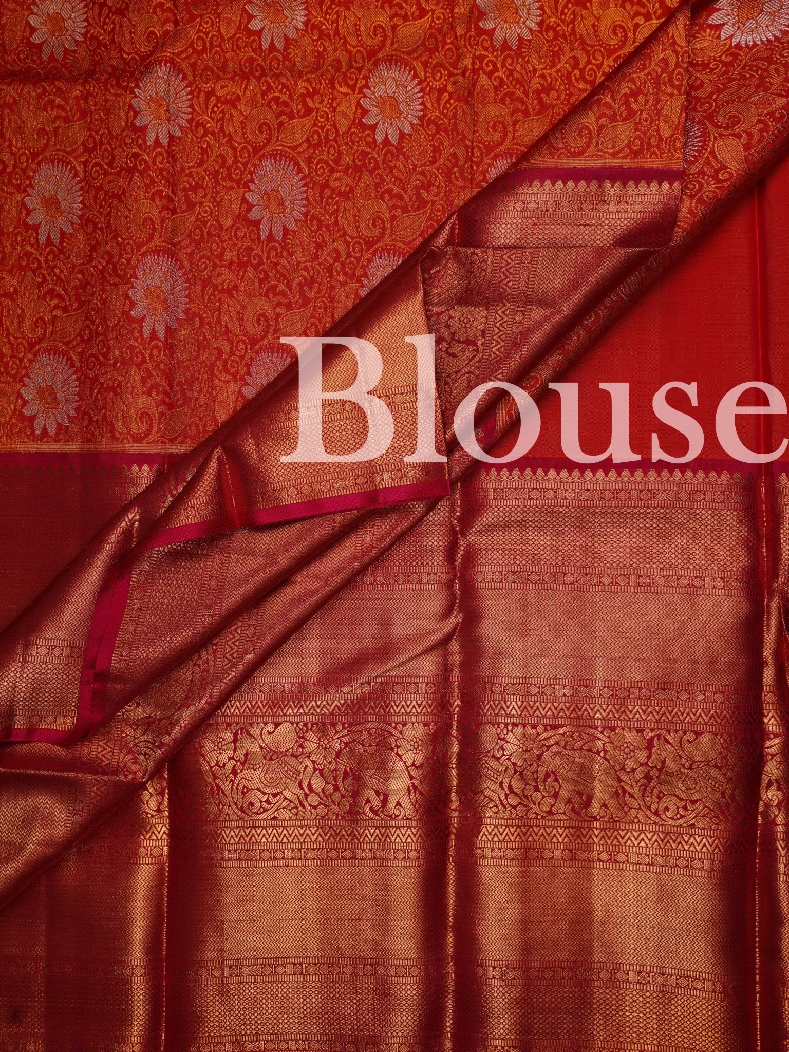 Kanchipuram Silk Orange  100% Pure Silk  Manoranjitham Weaves - Handloom Store