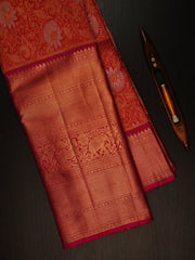 Kanchipuram Silk Orange  100% Pure Silk  Manoranjitham Weaves - Handloom Store