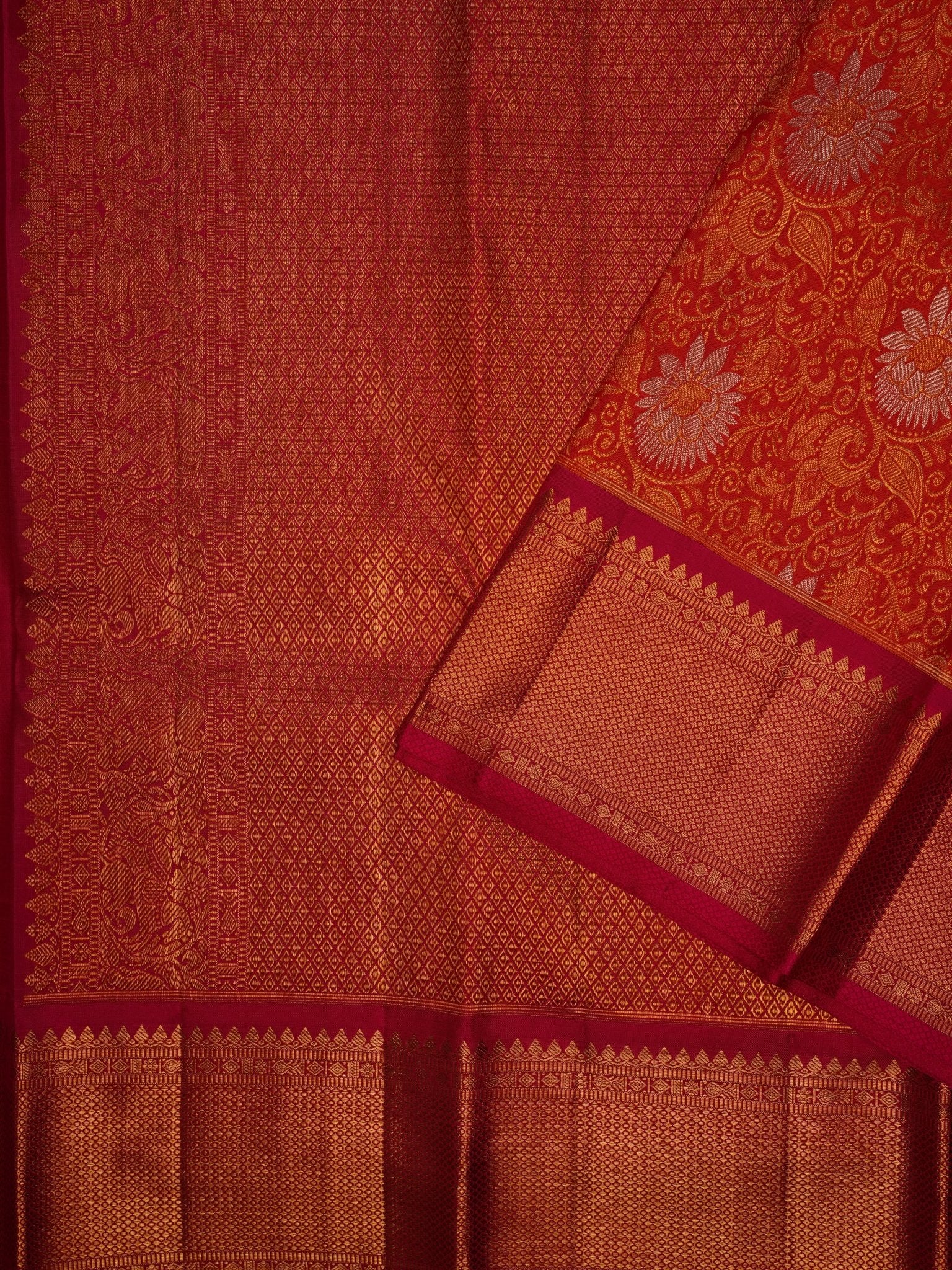 Kanchipuram Silk Orange  100% Pure Silk  Manoranjitham Weaves - Handloom Store